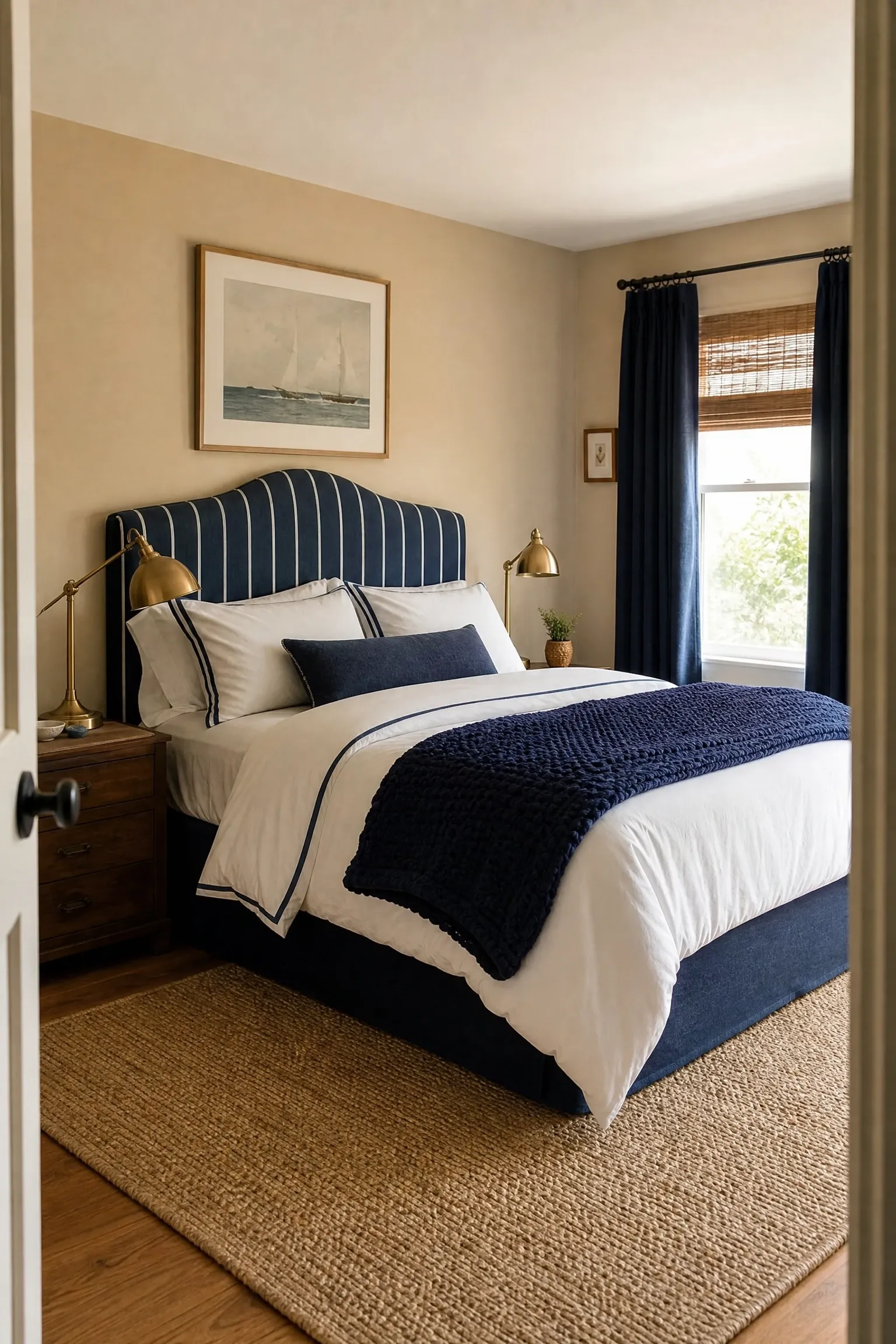 navy and sand coastal retreat with striped textiles in a bedroom