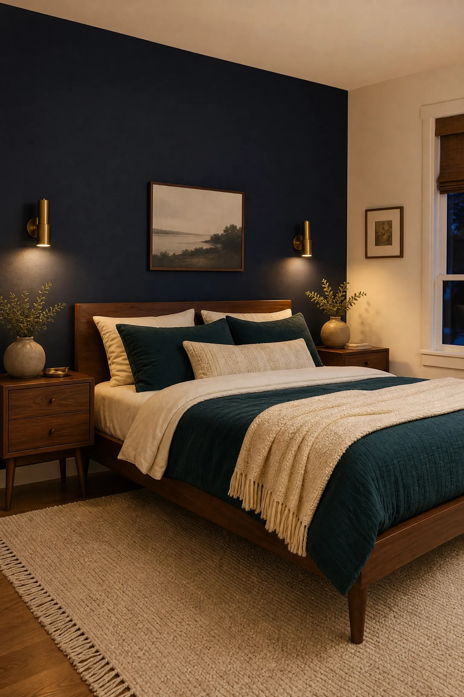navy feature wall with warm walnut furniture in a bedroom