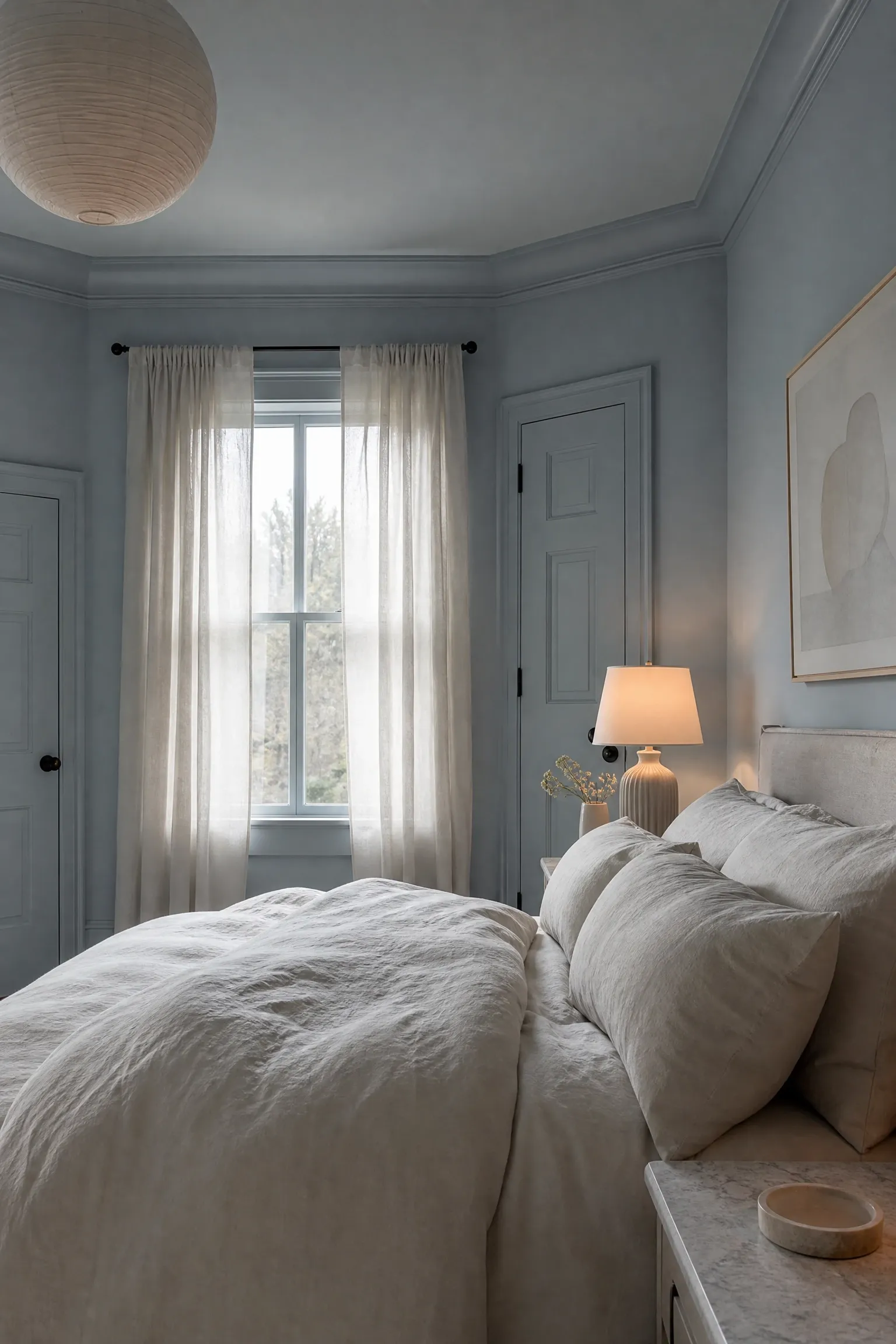 pale blue color drenching with tonal layers in a bedroom