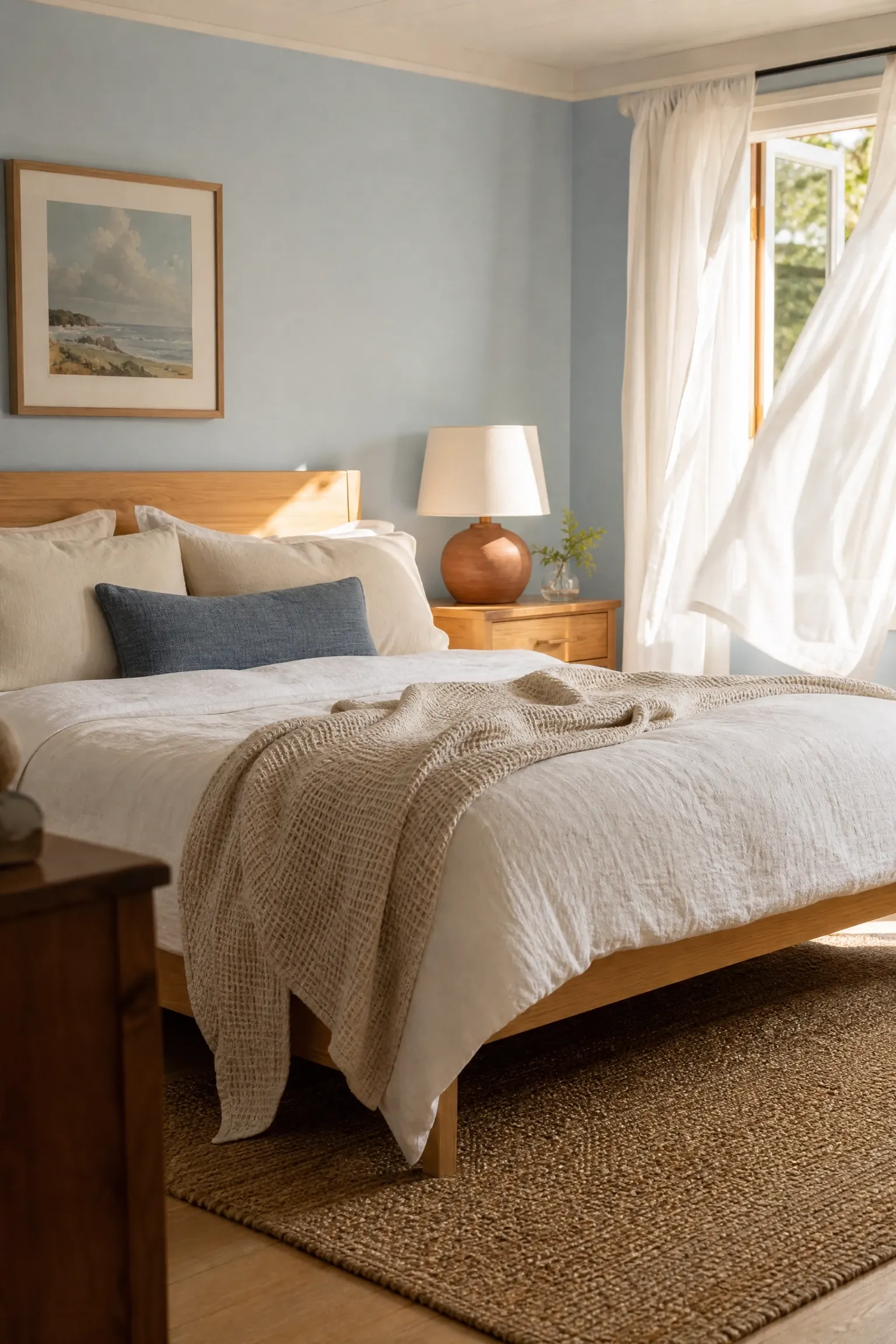powder blue walls with warm white linen bedding in a bedroom