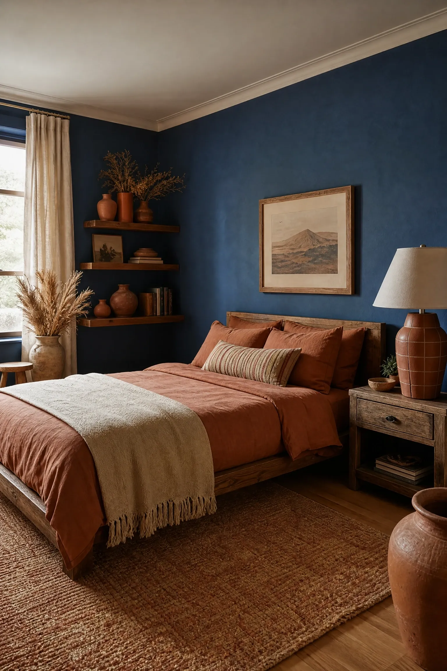 prussian blue with terracotta and earthy accents in a bedroom