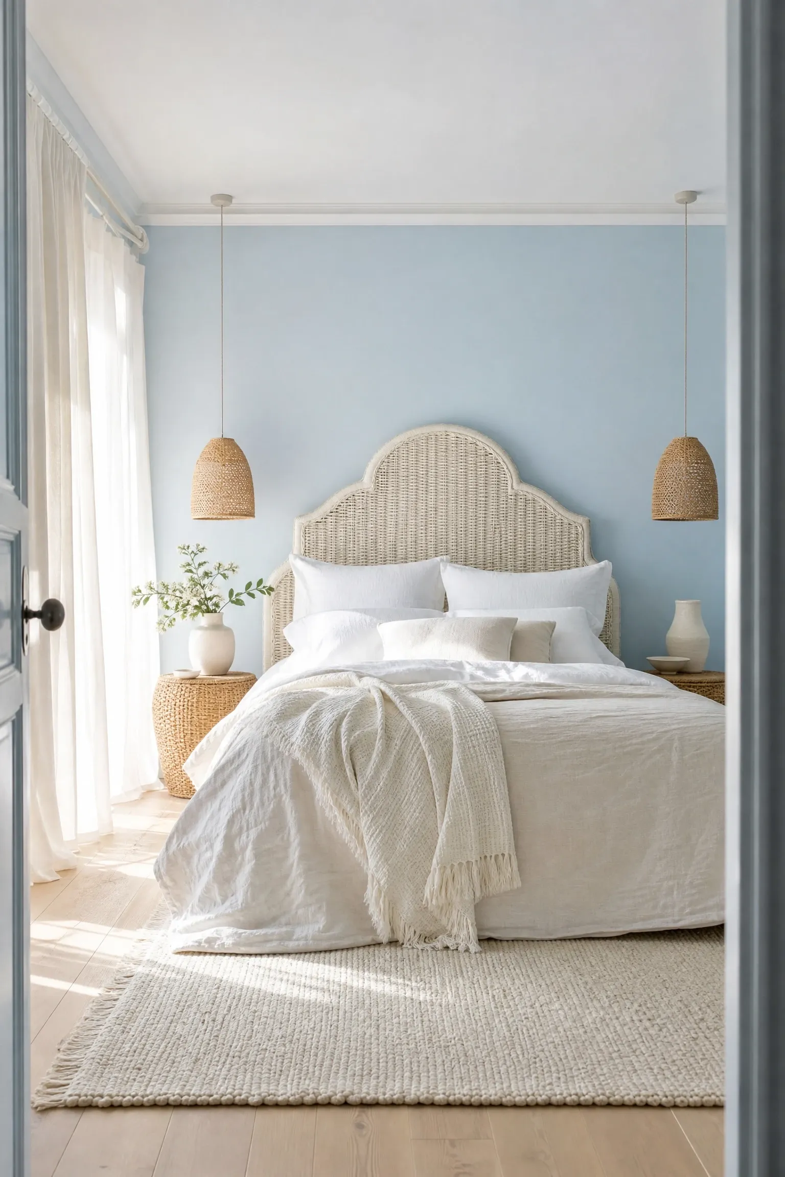 sky blue and cream with rattan furniture in a bedroom