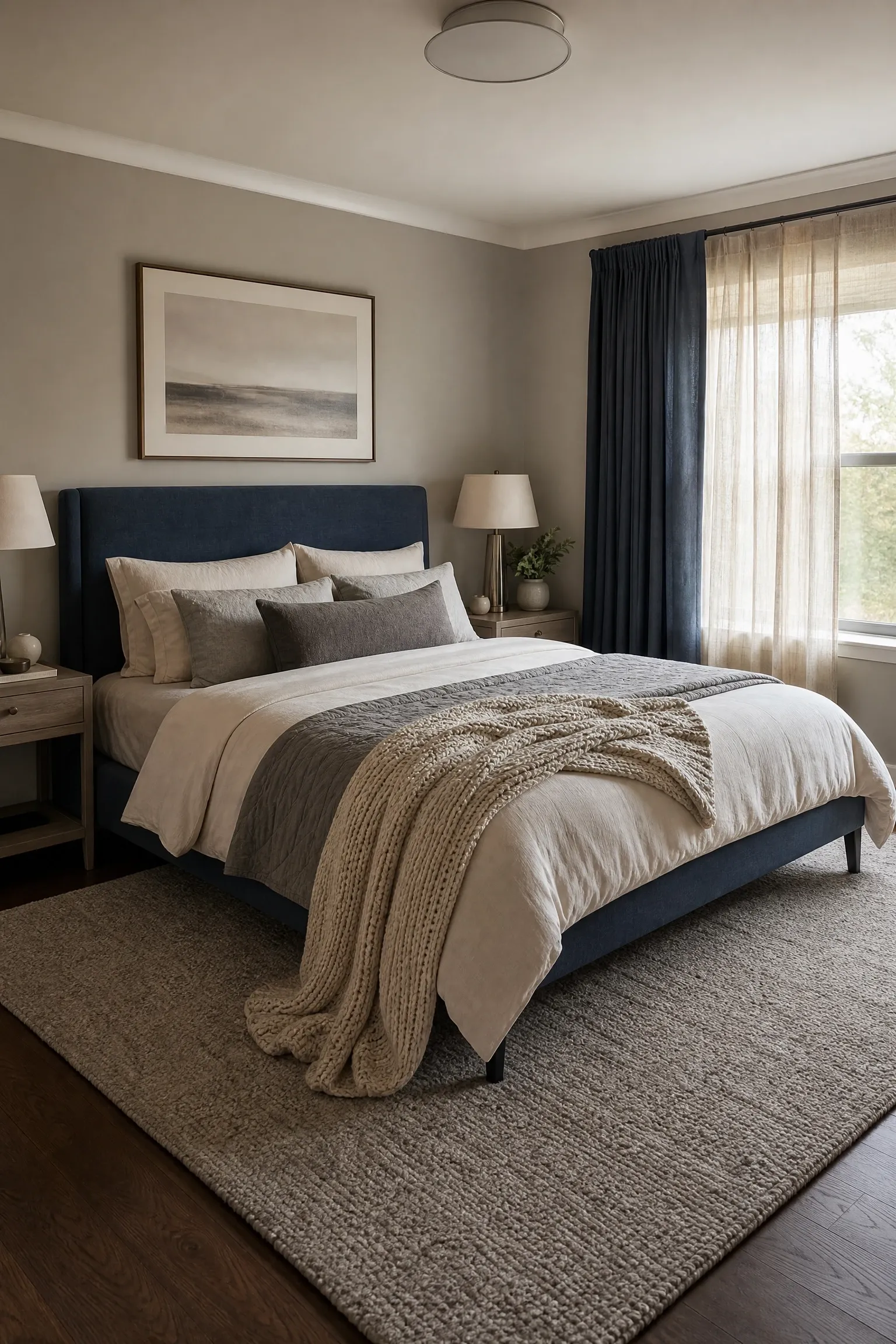 steel blue and greige with layered neutrals in a bedroom