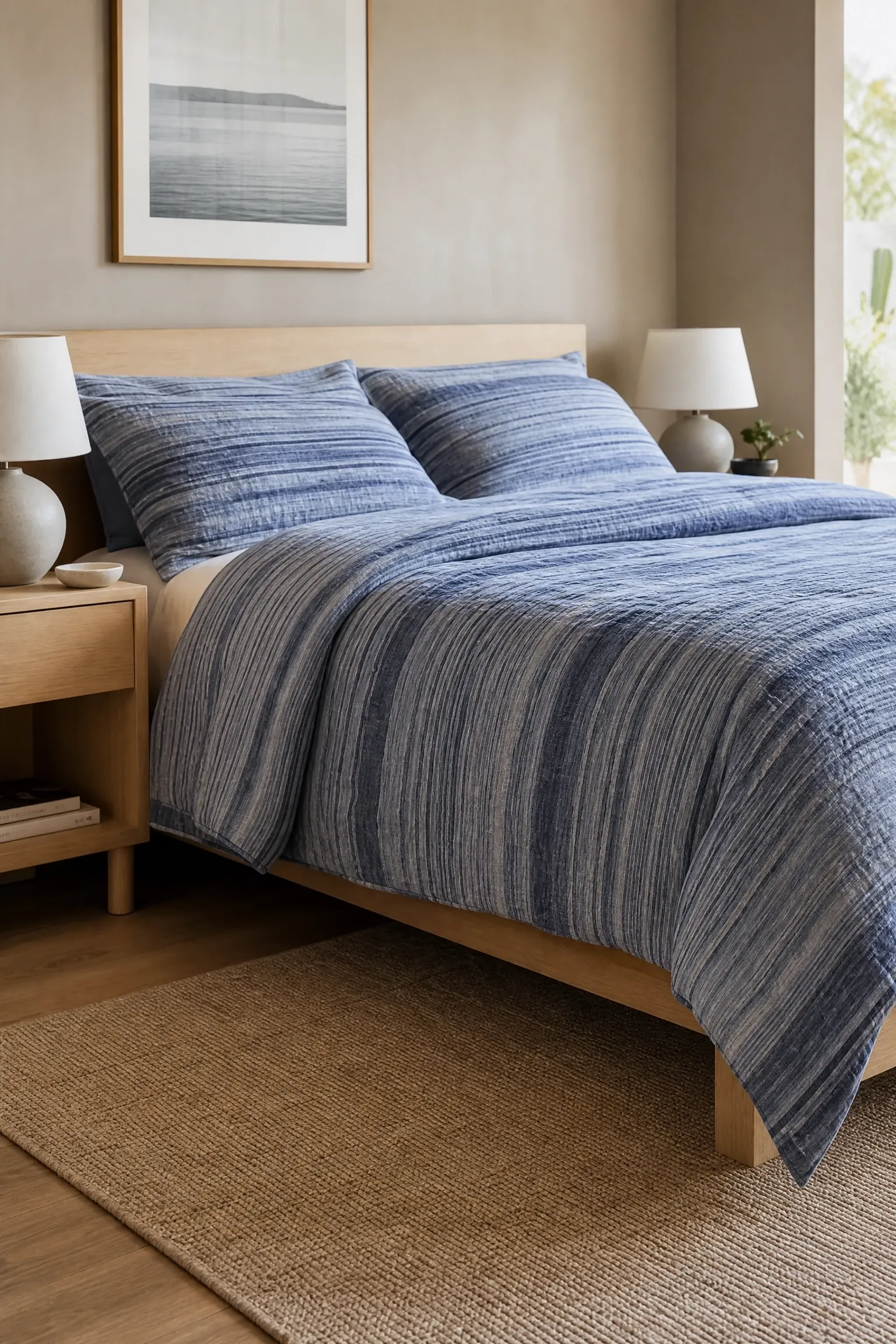 tonal blue striped bedding with bold solid walls in a bedroom