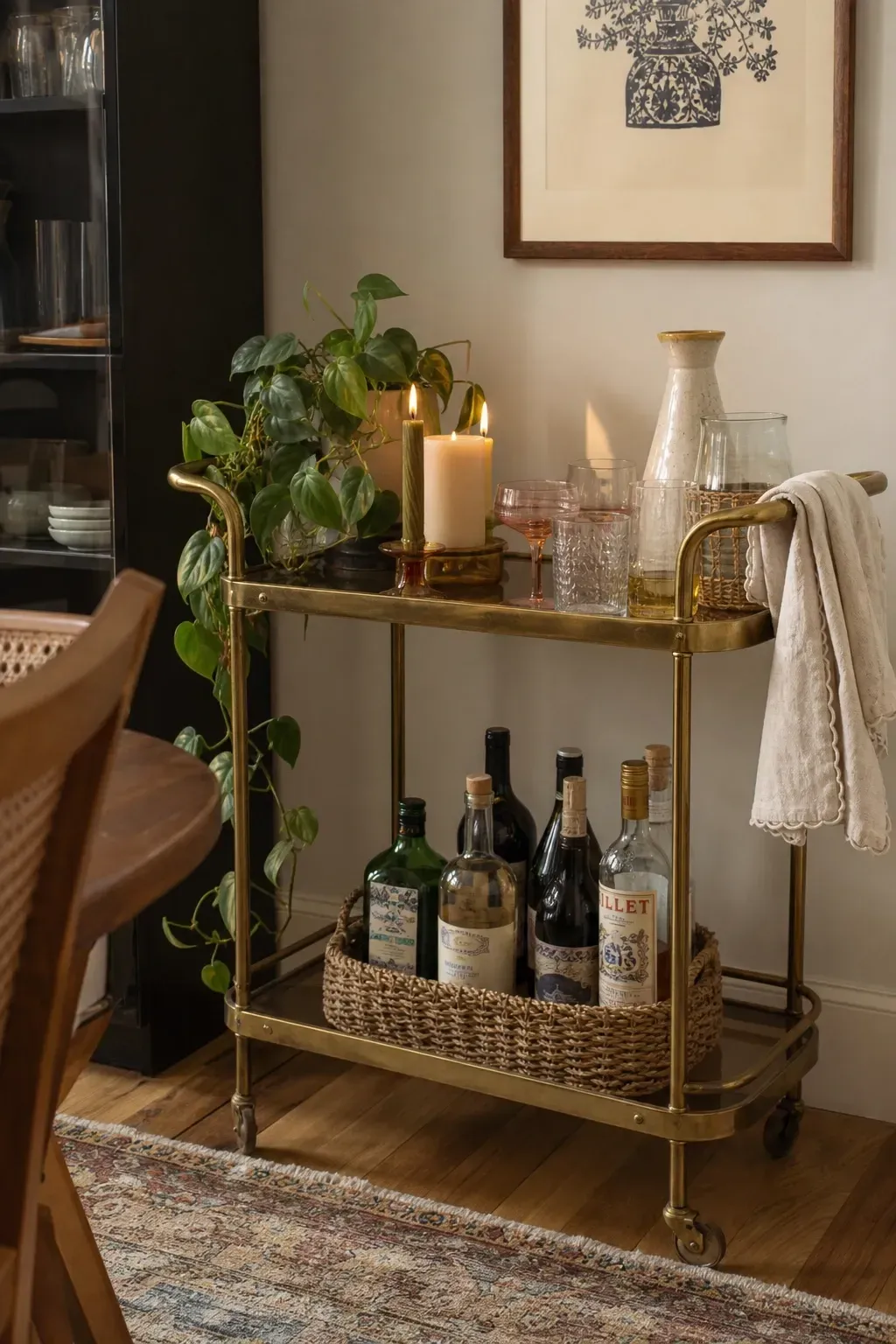 a bar cart or drinks trolley with boho accessories in a dining room