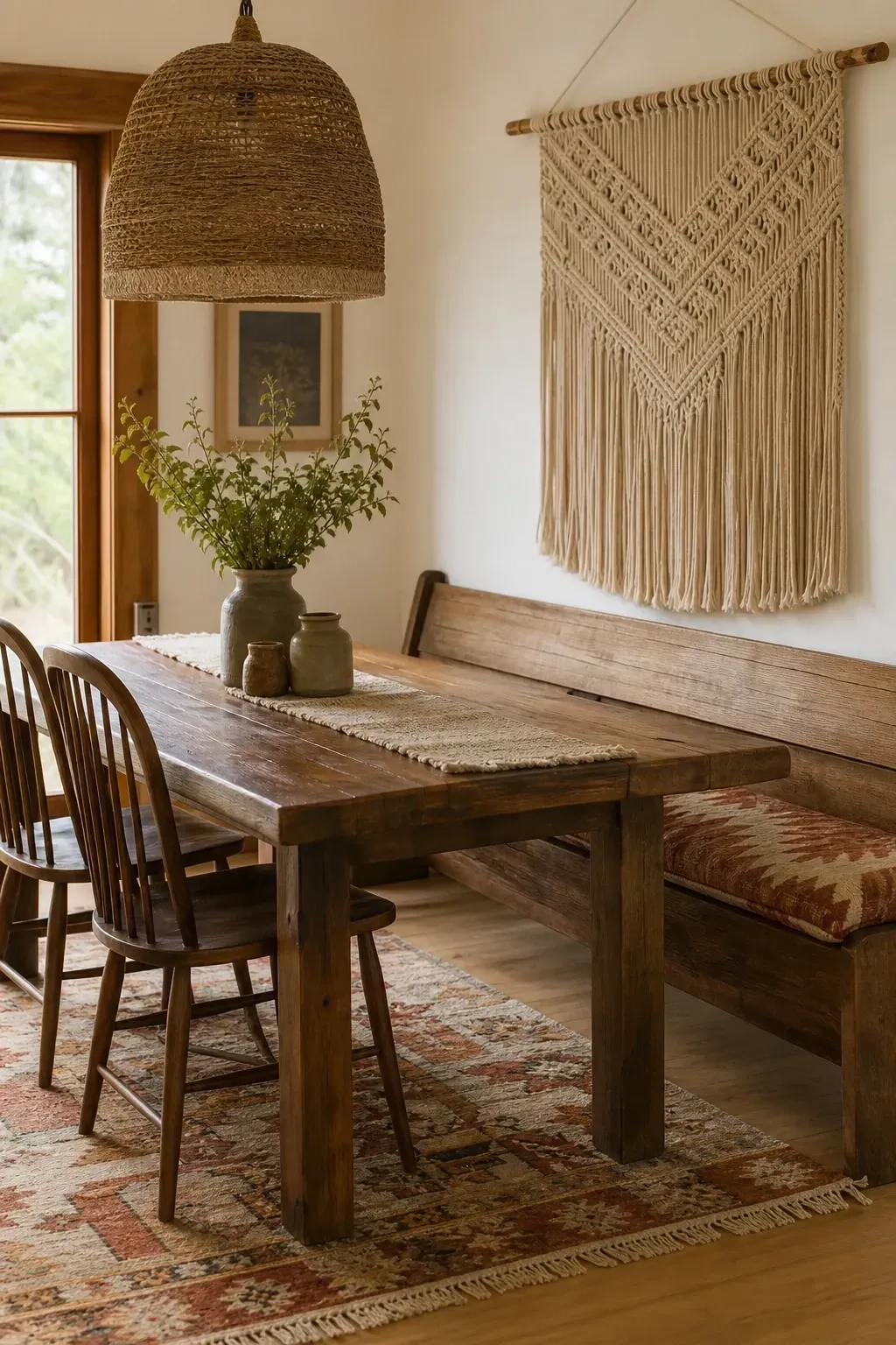 a bench along one side in a dining room