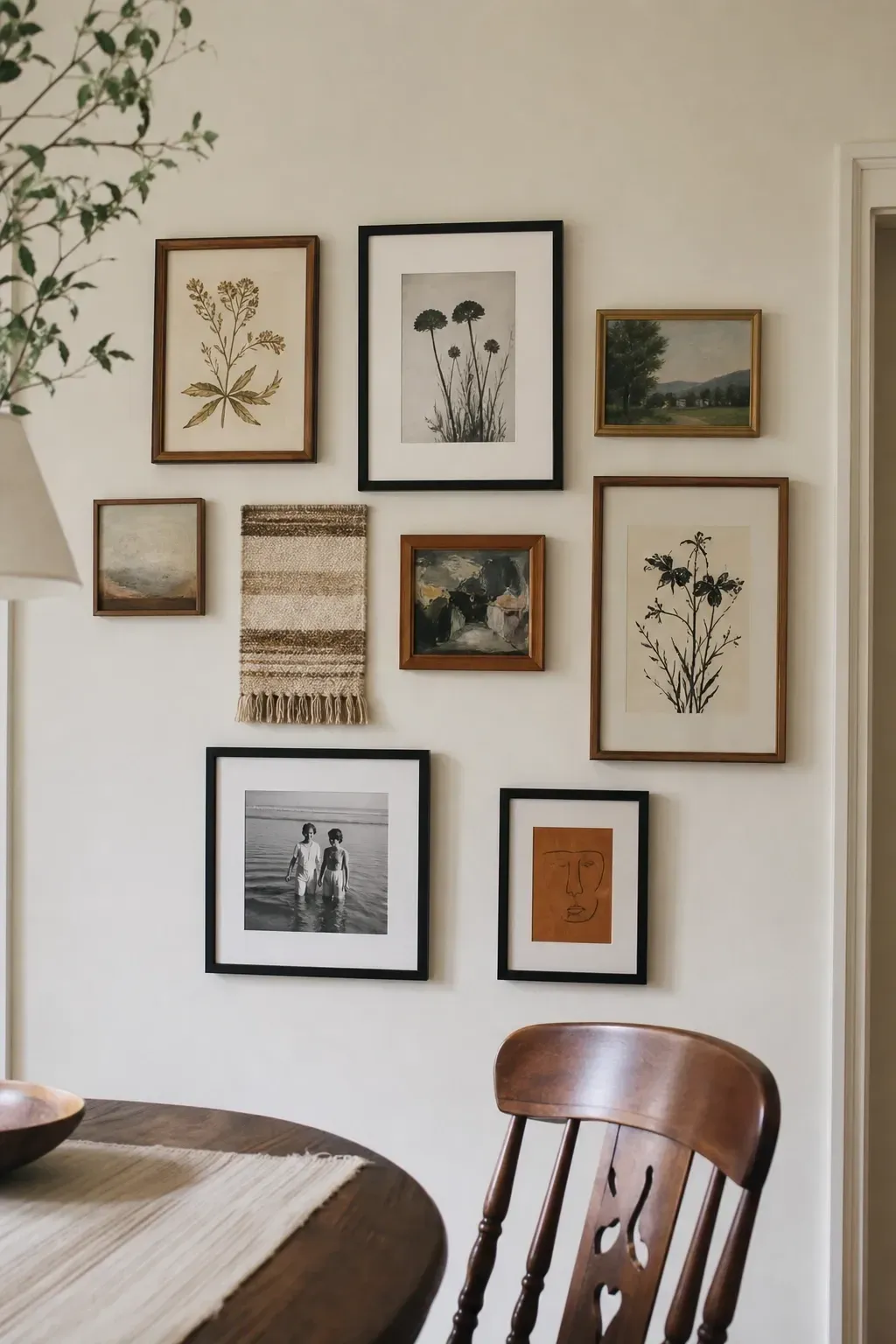 a gallery wall with mixed frames and art in a dining room