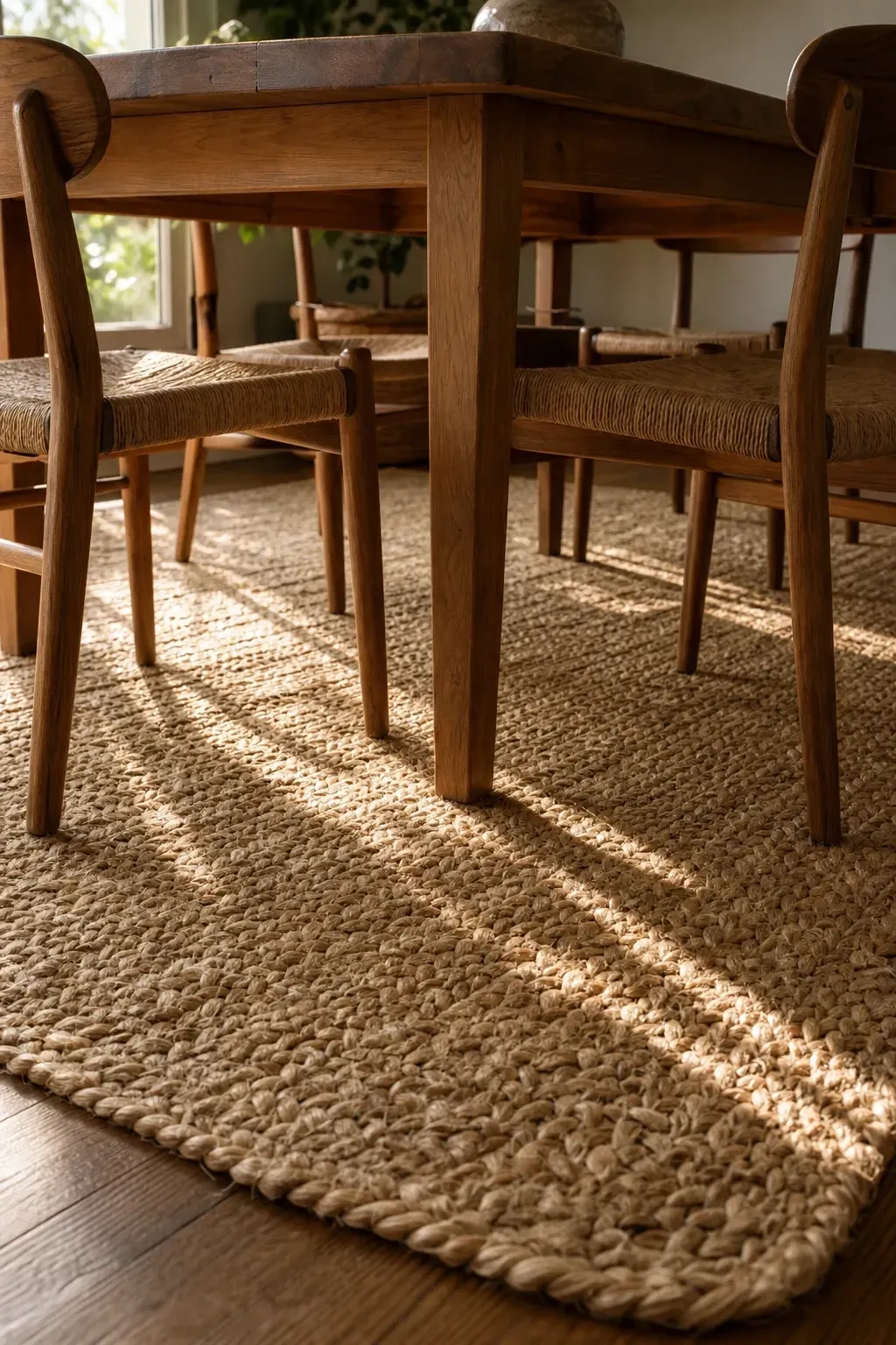 a jute rug as the base layer in a dining room