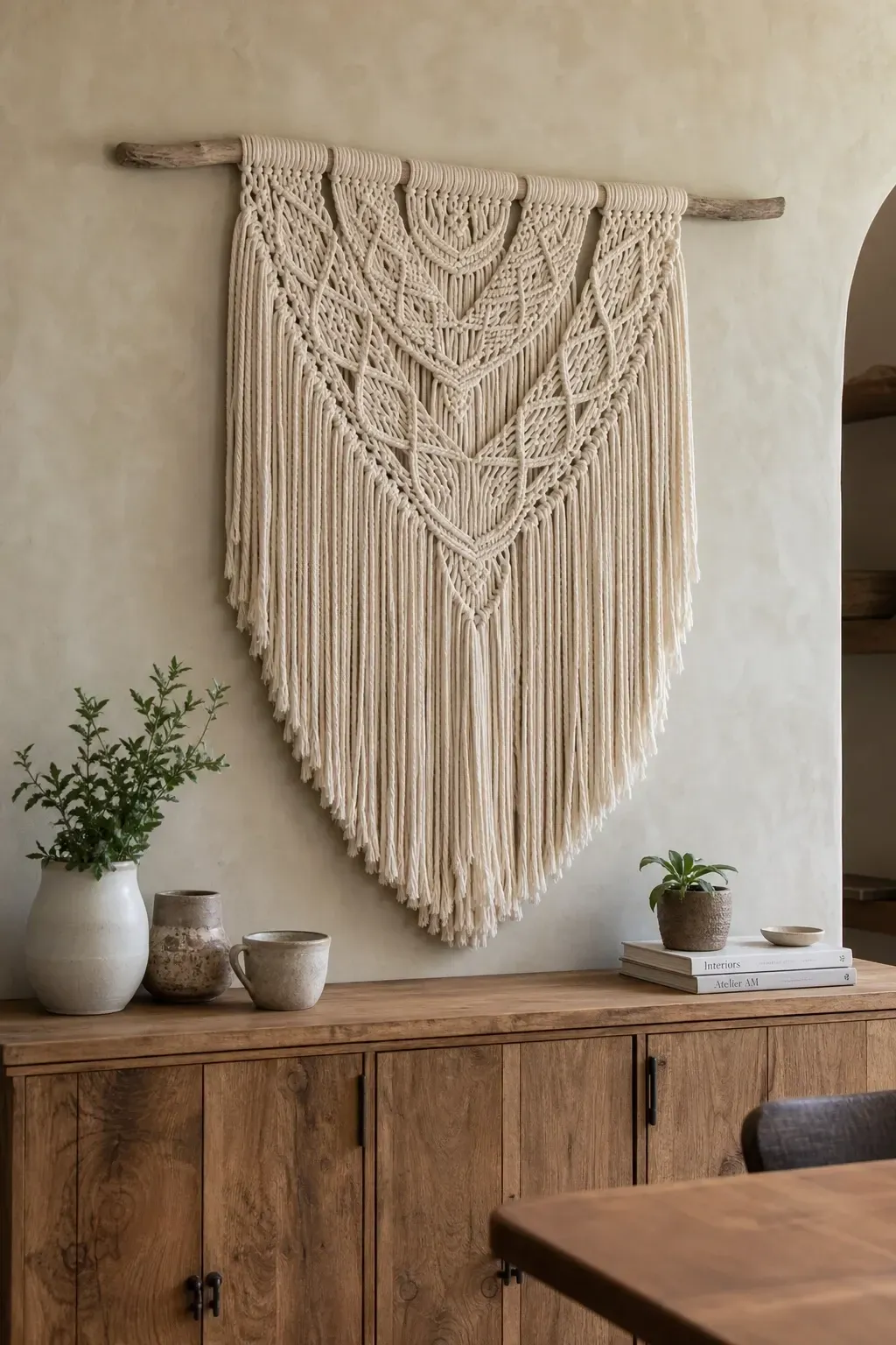 a macrame wall hanging as the focal point in a dining room