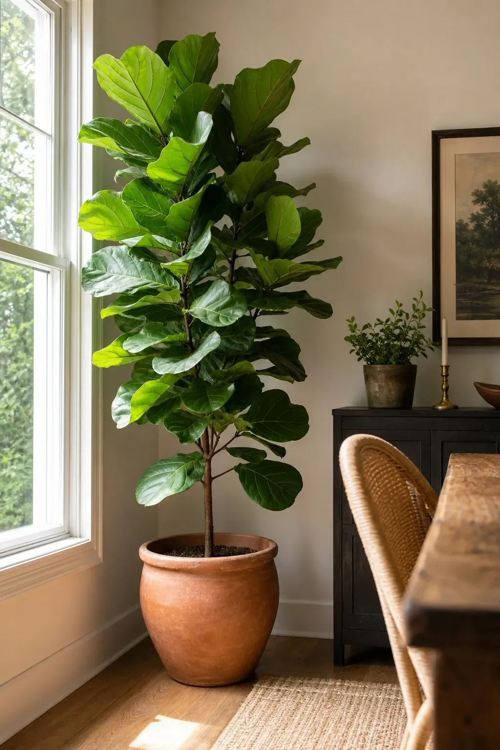 a potted fiddle leaf fig or olive tree as a floor plant in a dining room