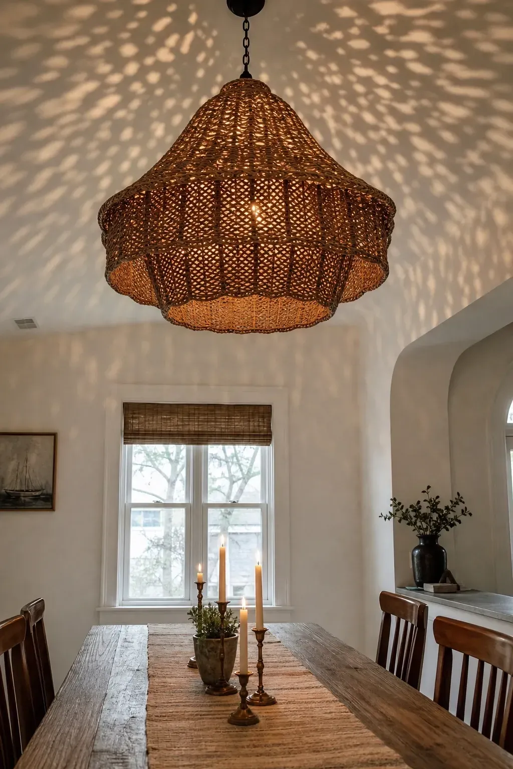 a statement chandelier in an unexpected material in a dining room