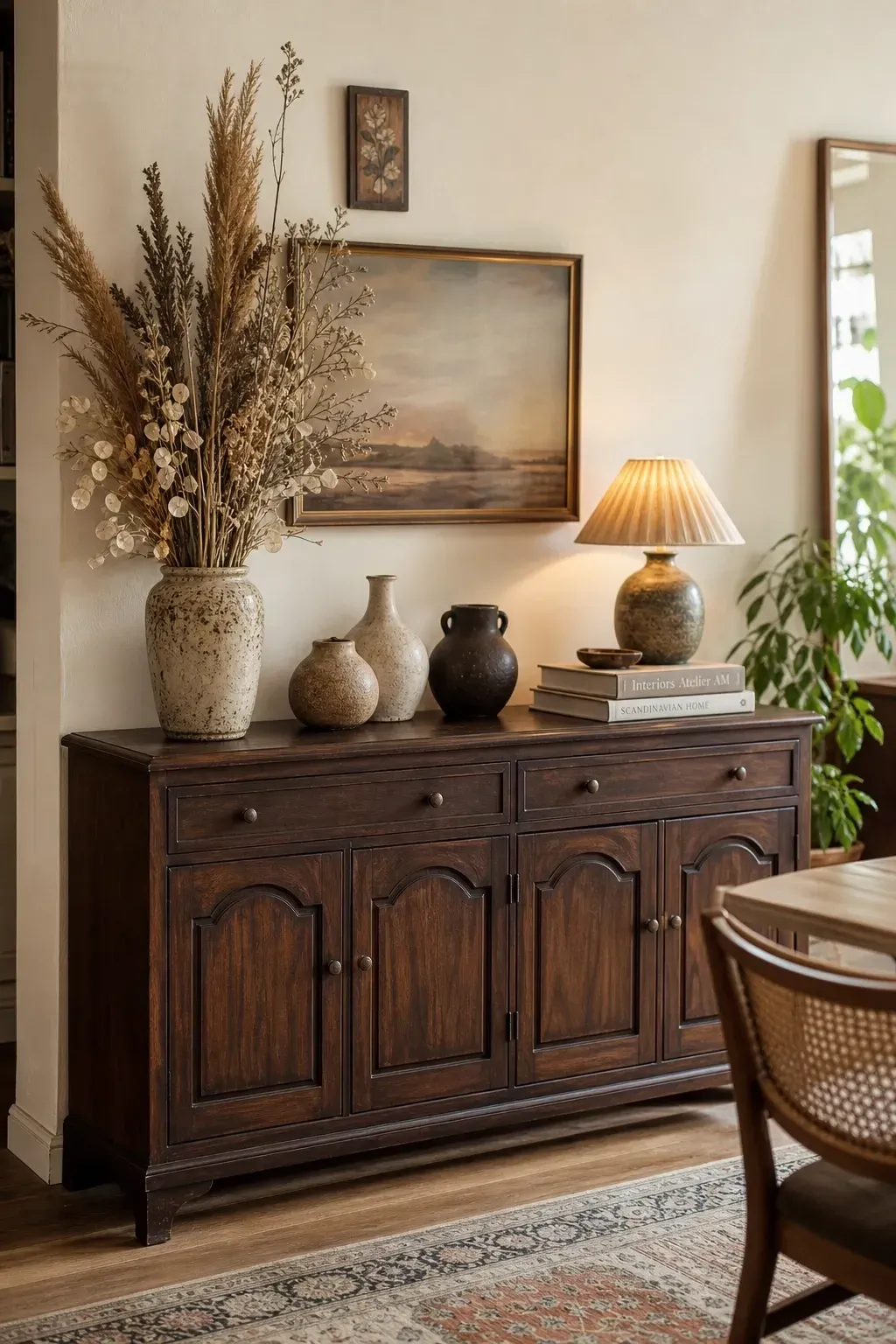 a vintage sideboard with eclectic styling in a dining room