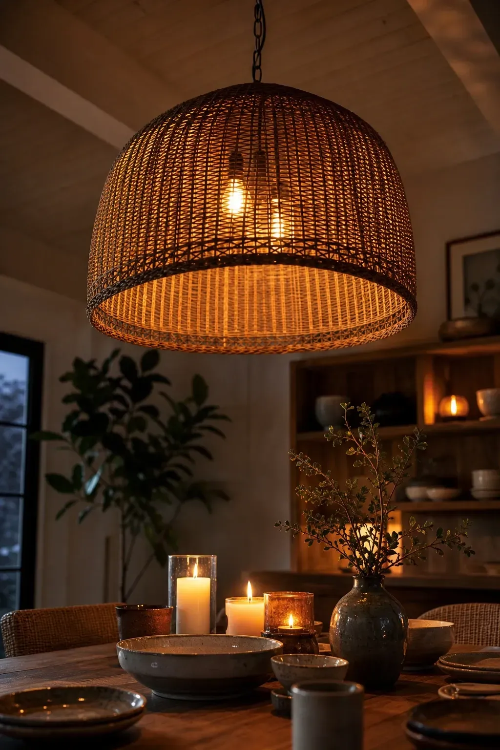 a woven rattan pendant over the table in a dining room