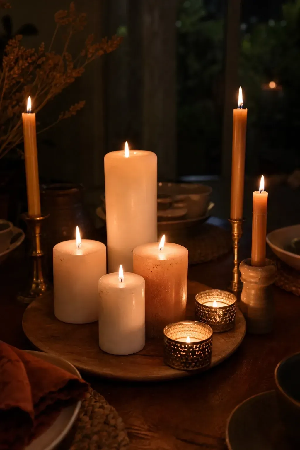 candles as a layered lighting tool in a dining room