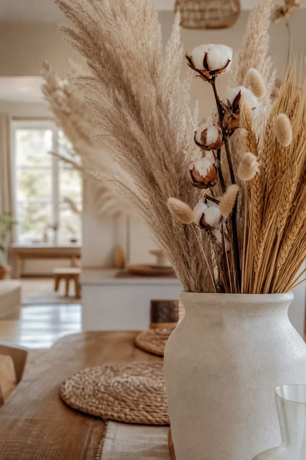 dried and pampas grass arrangements in a dining room