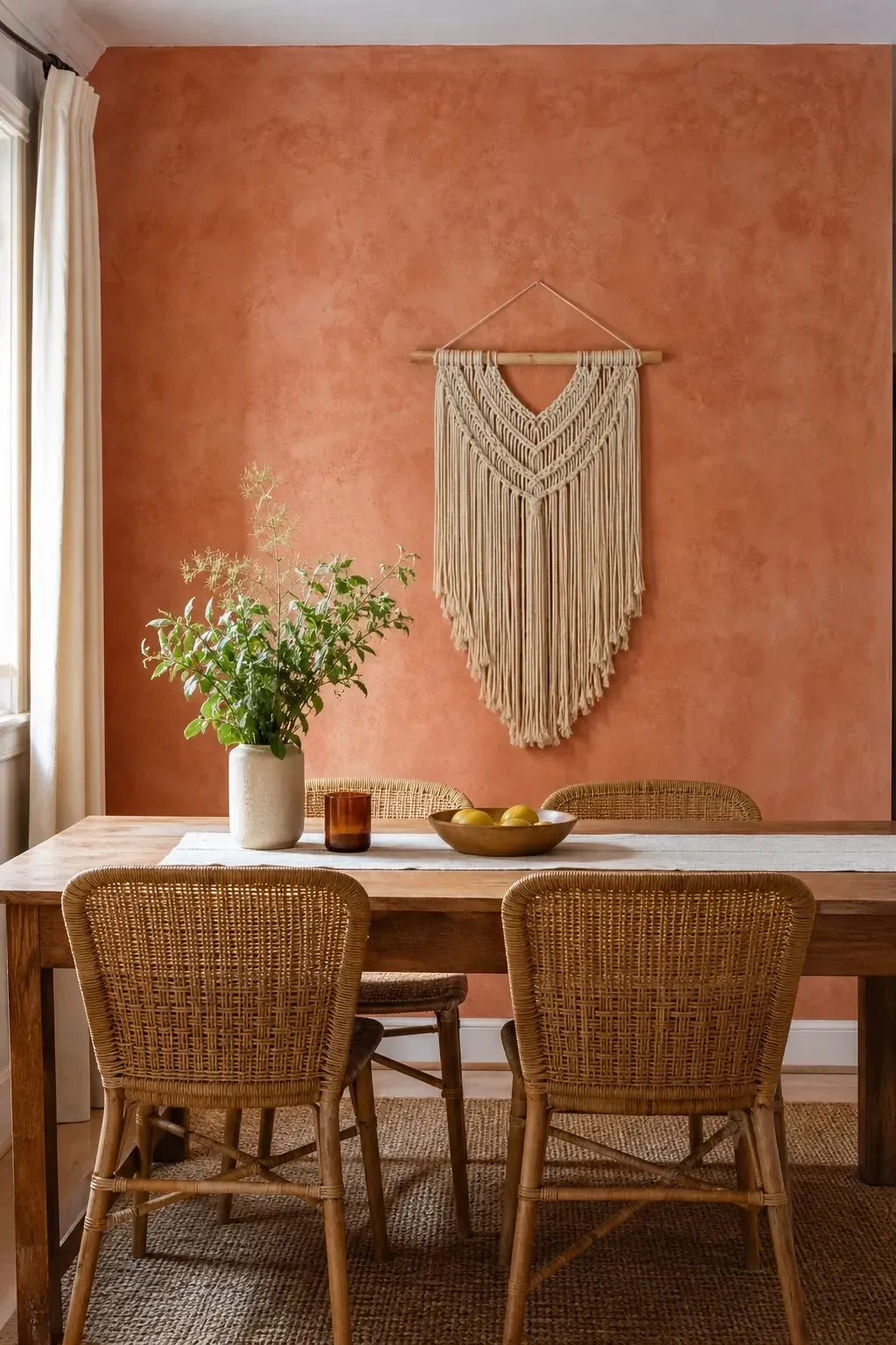 earthy wallpaper or a painted accent wall in a dining room