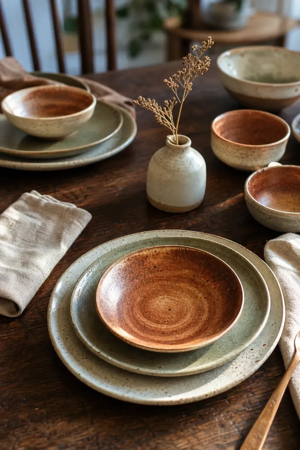 handmade ceramics and artisan tableware on display in a dining room