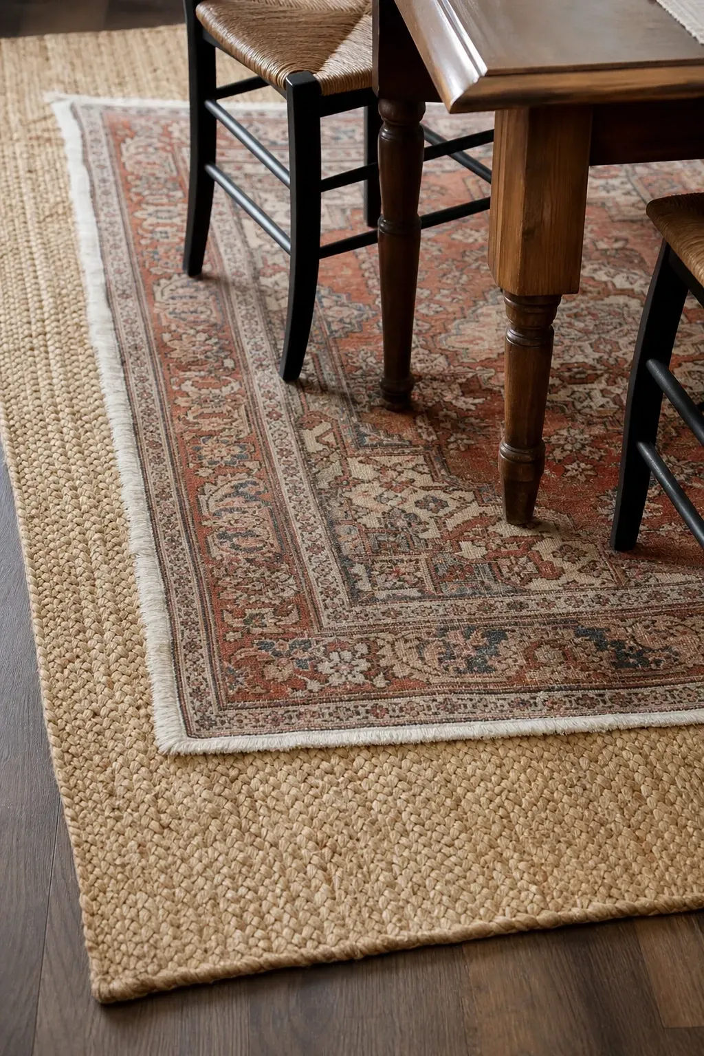 layered rugs for visual depth in a dining room