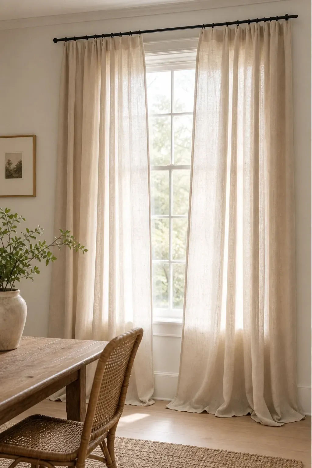 linen curtains that pool slightly on the floor in a dining room