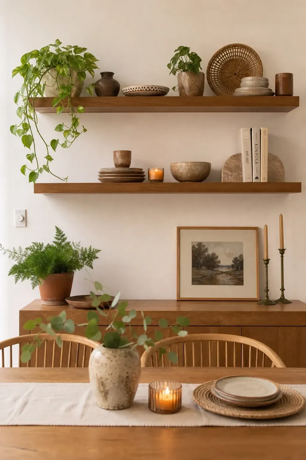 open shelving styled with ceramics and baskets in a dining room