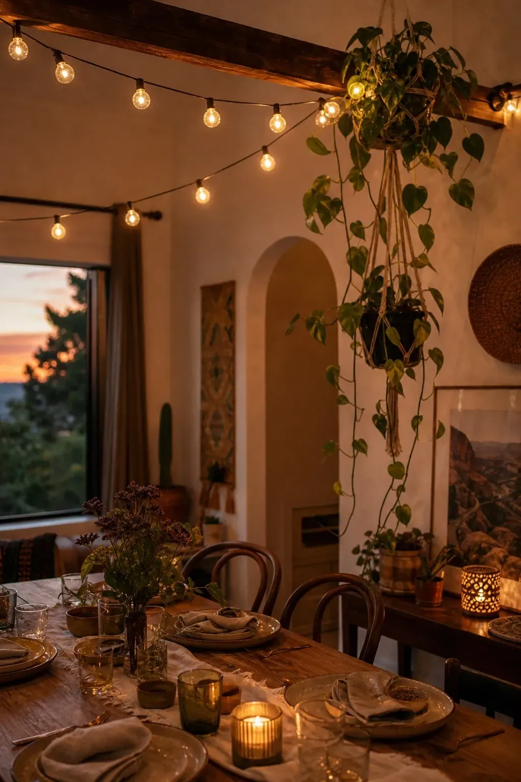 string lights for a soft ambient glow in a dining room