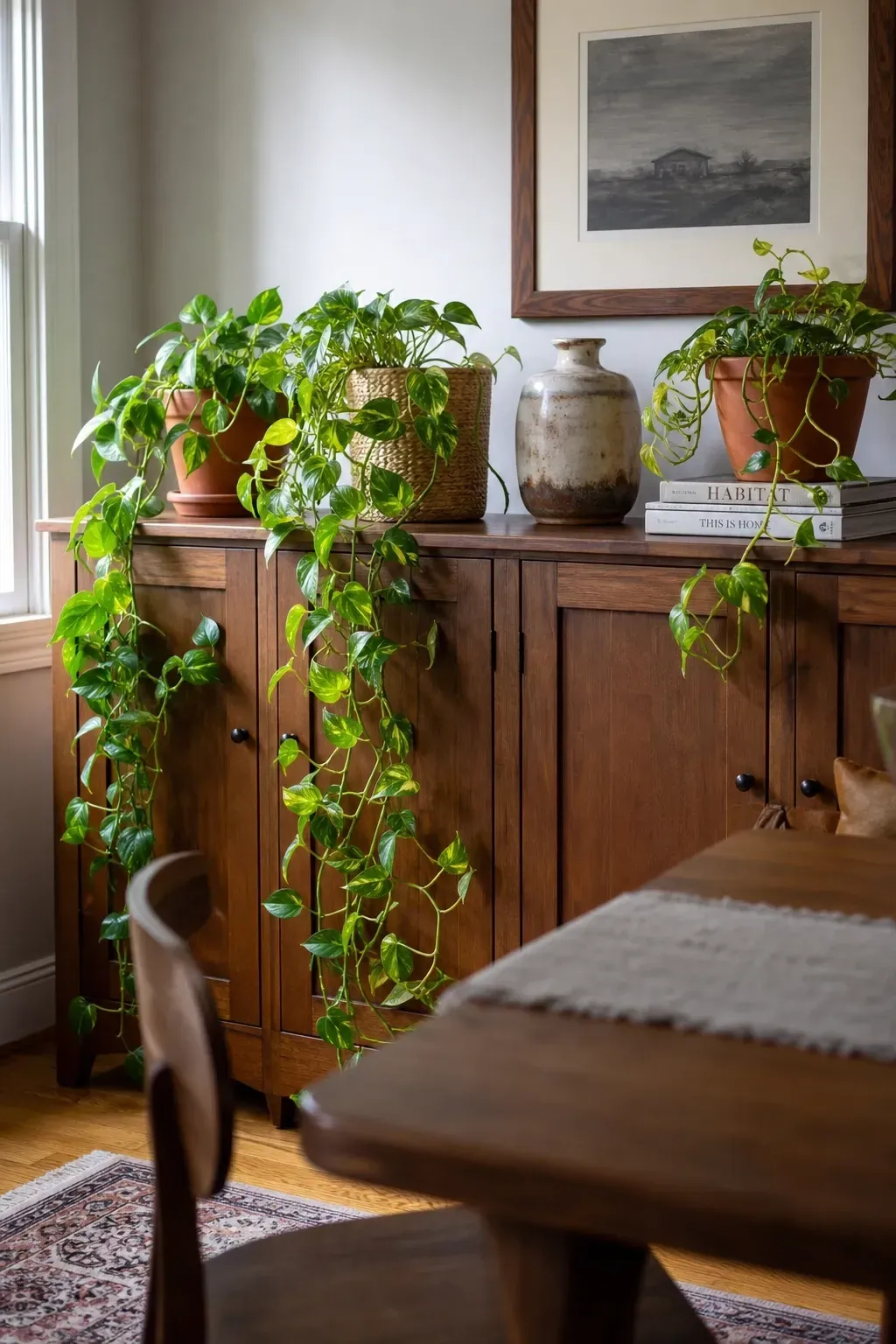 trailing plants on a sideboard or shelf in a dining room