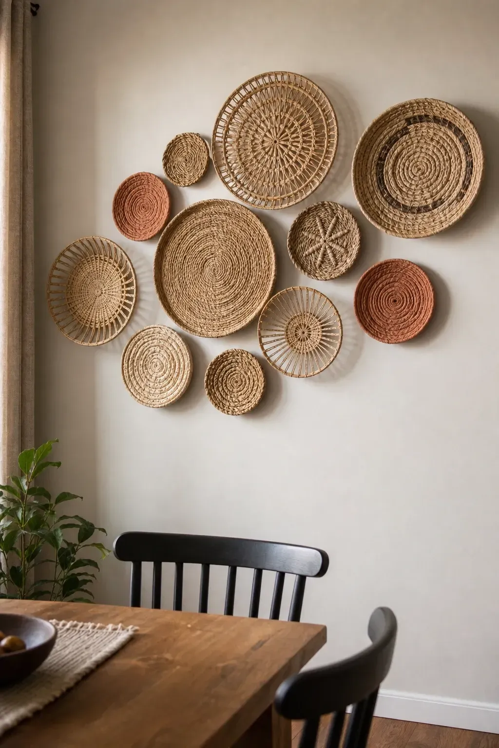 woven wall baskets in a clustered arrangement in a dining room