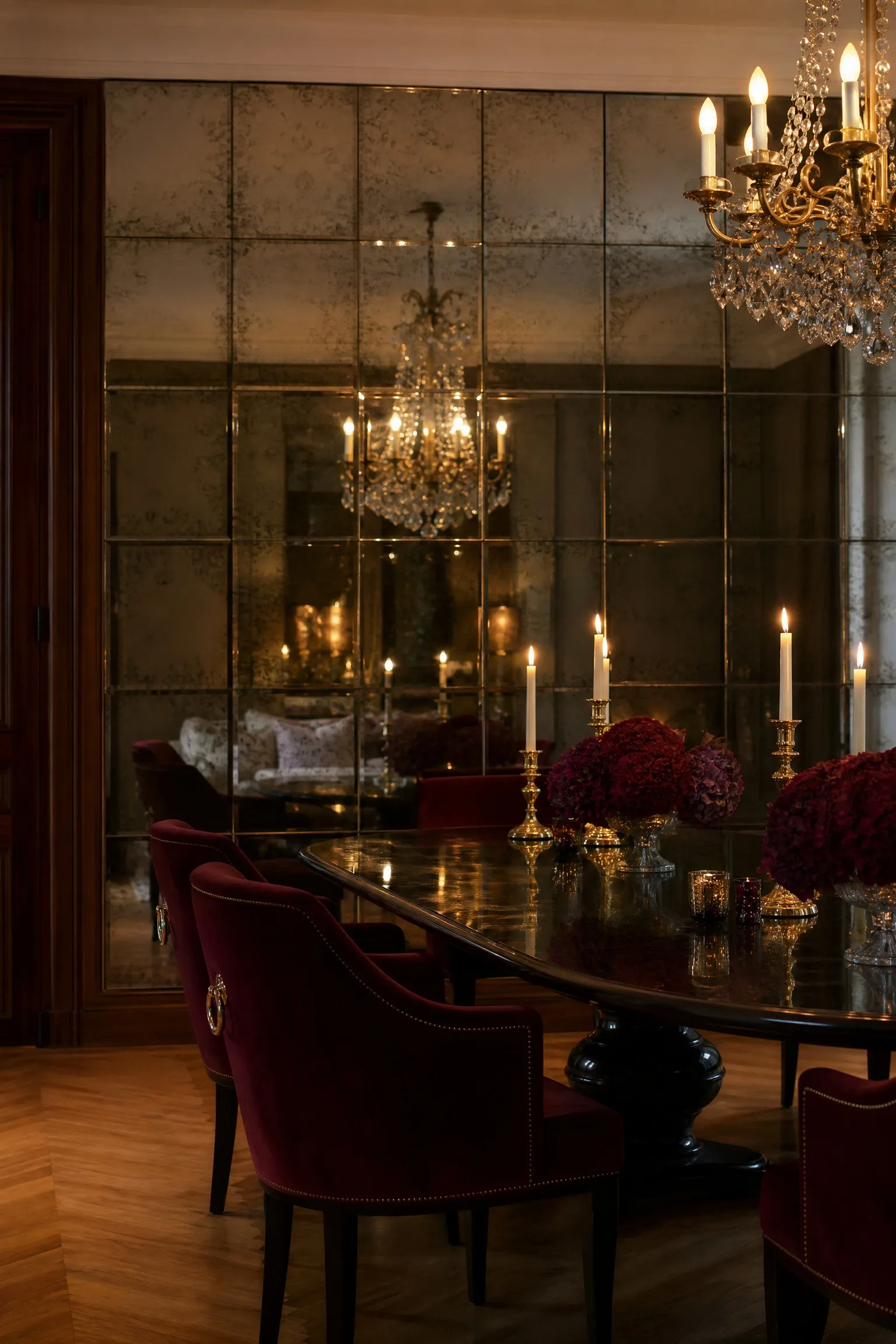 antique mirror tiles in a dining room