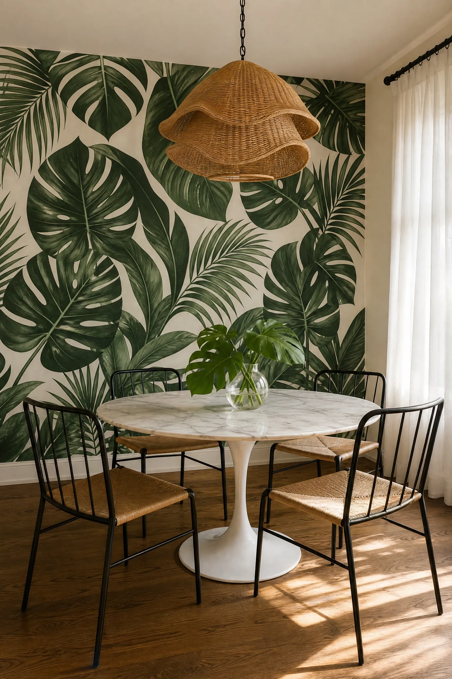 botanical or jungle print wallpaper in a dining room
