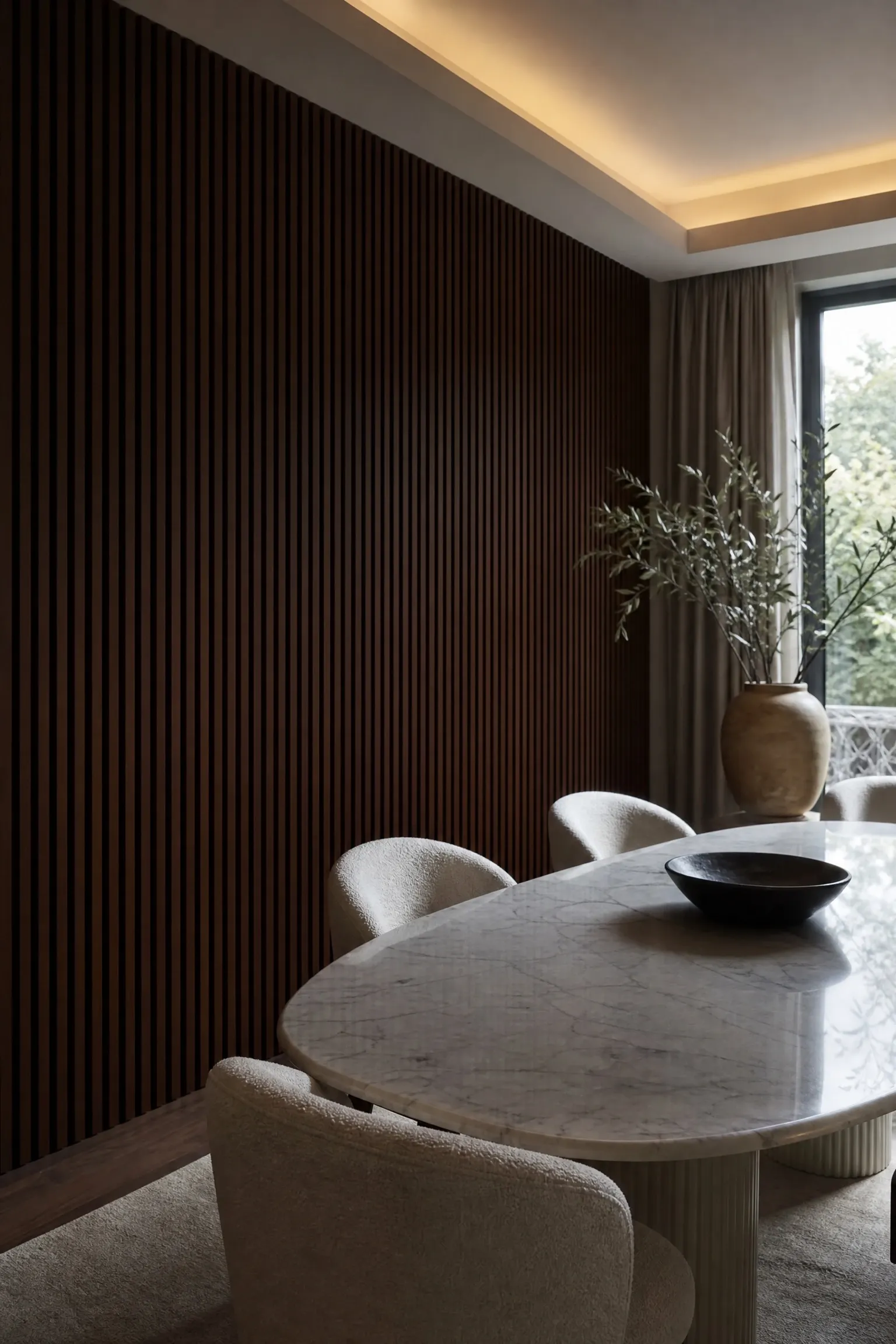 dark-stained wood slat wall in a dining room