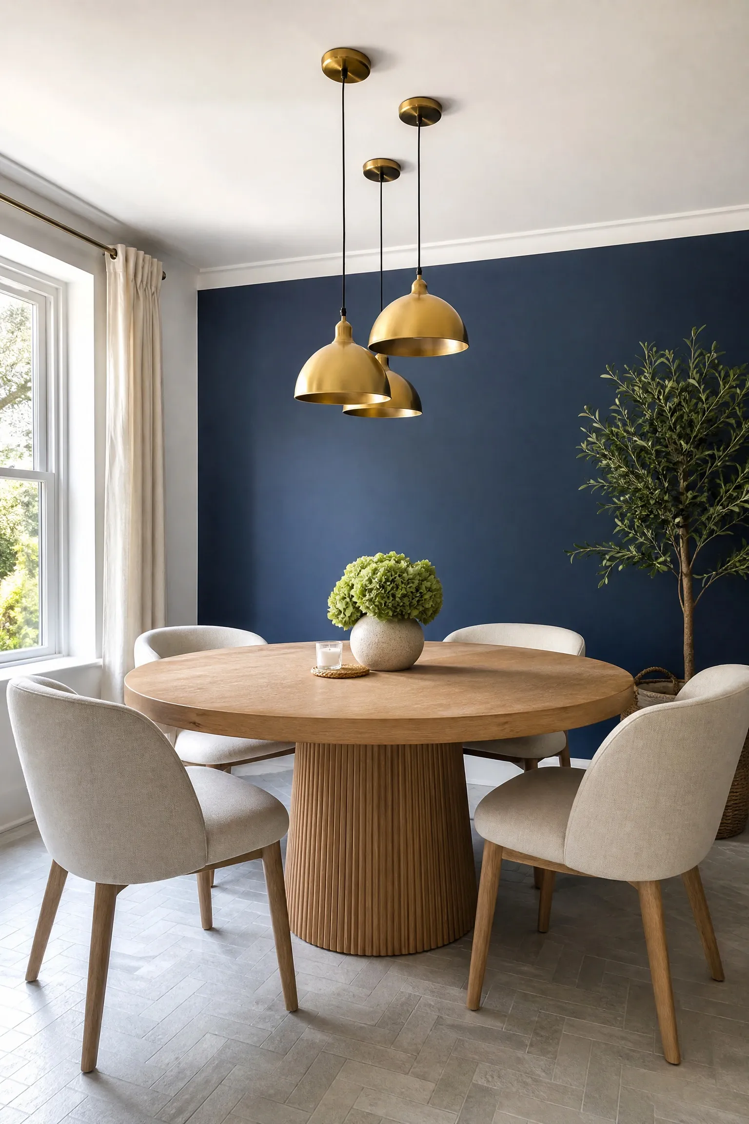 deep navy blue feature wall in a dining room