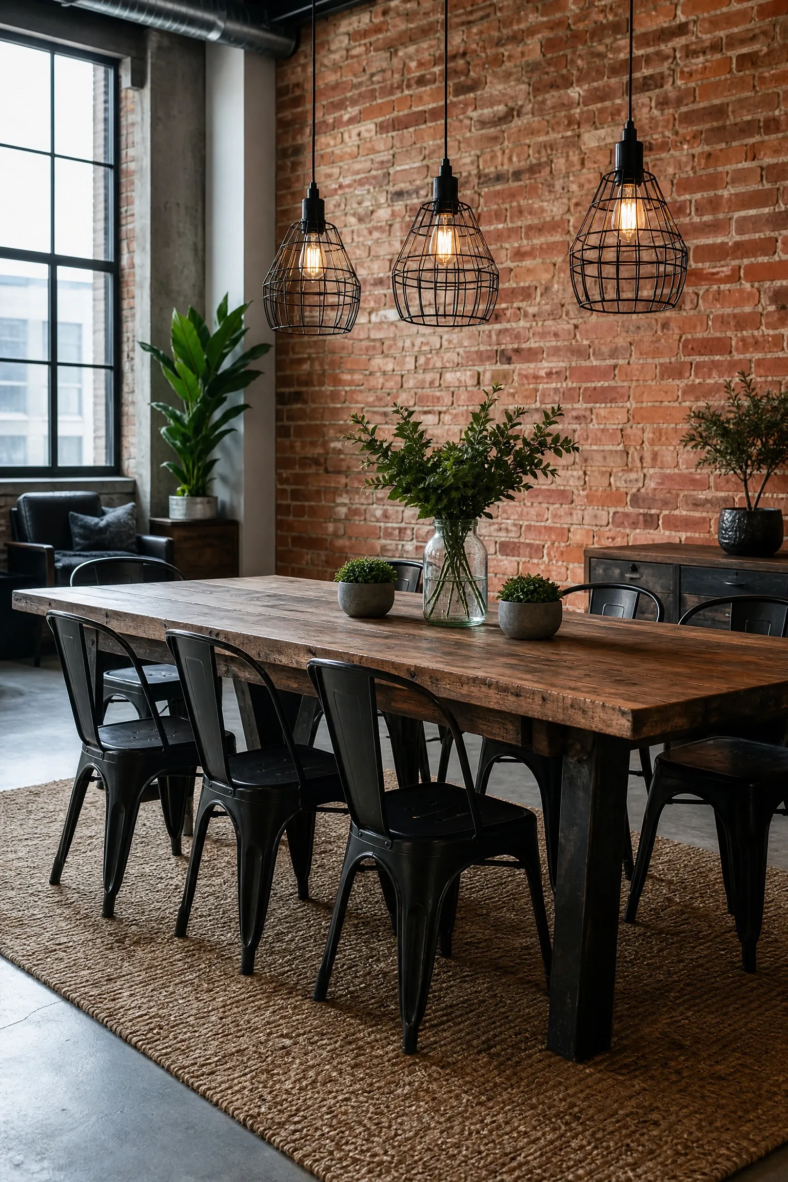 exposed brick (or brick veneer) in a dining room