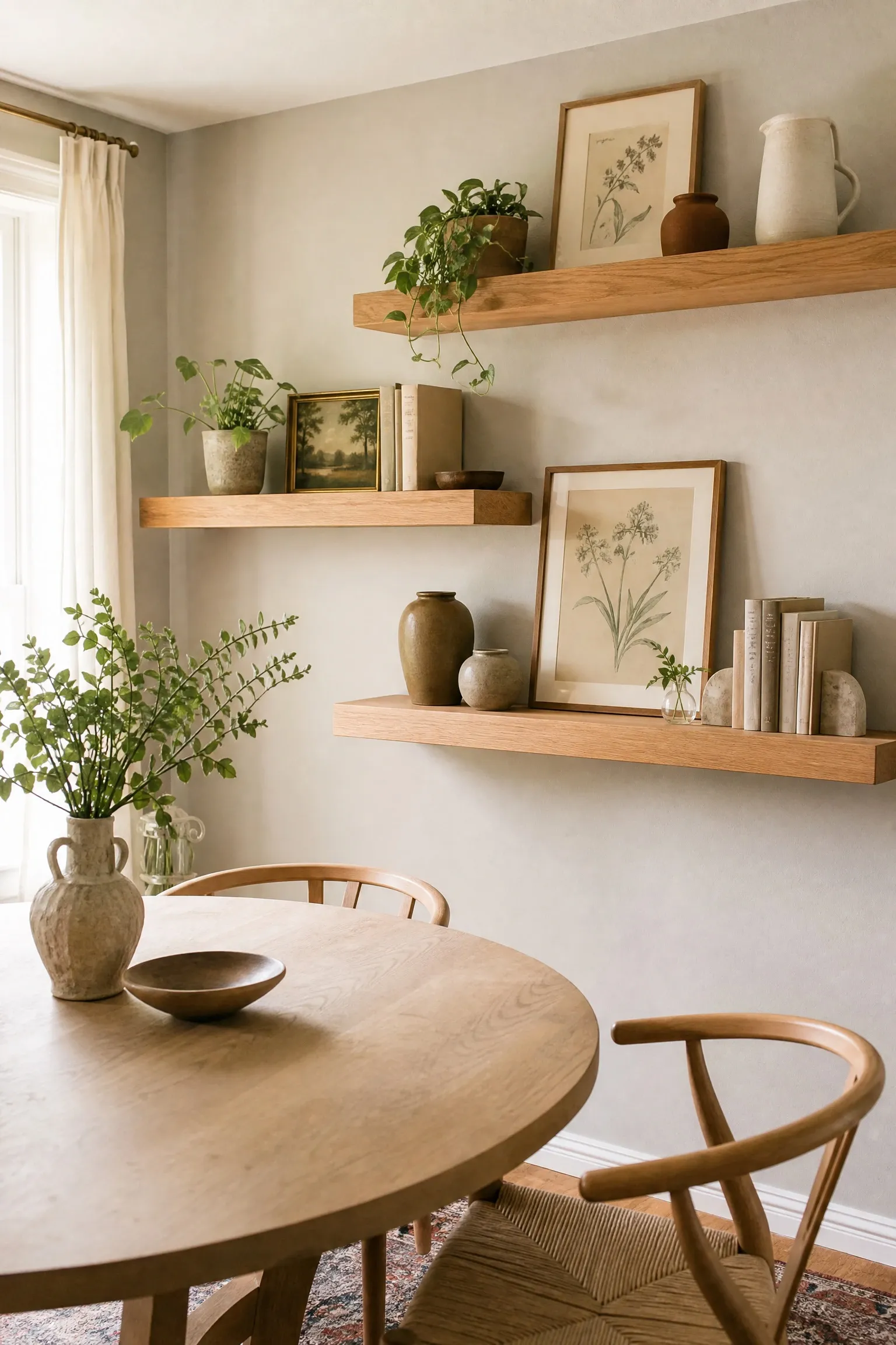 floating shelf gallery wall in a dining room