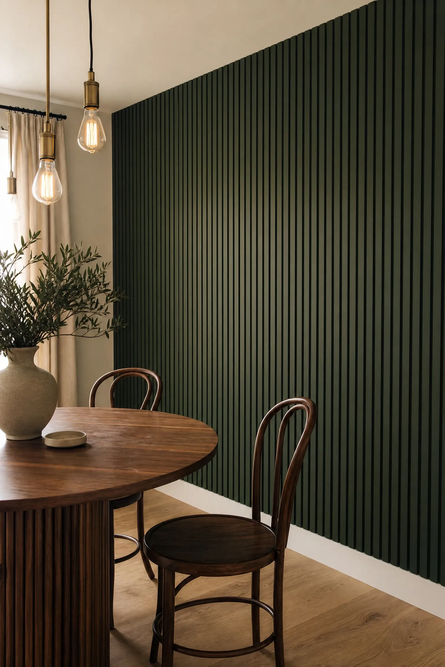 fluted wood panels in a dining room