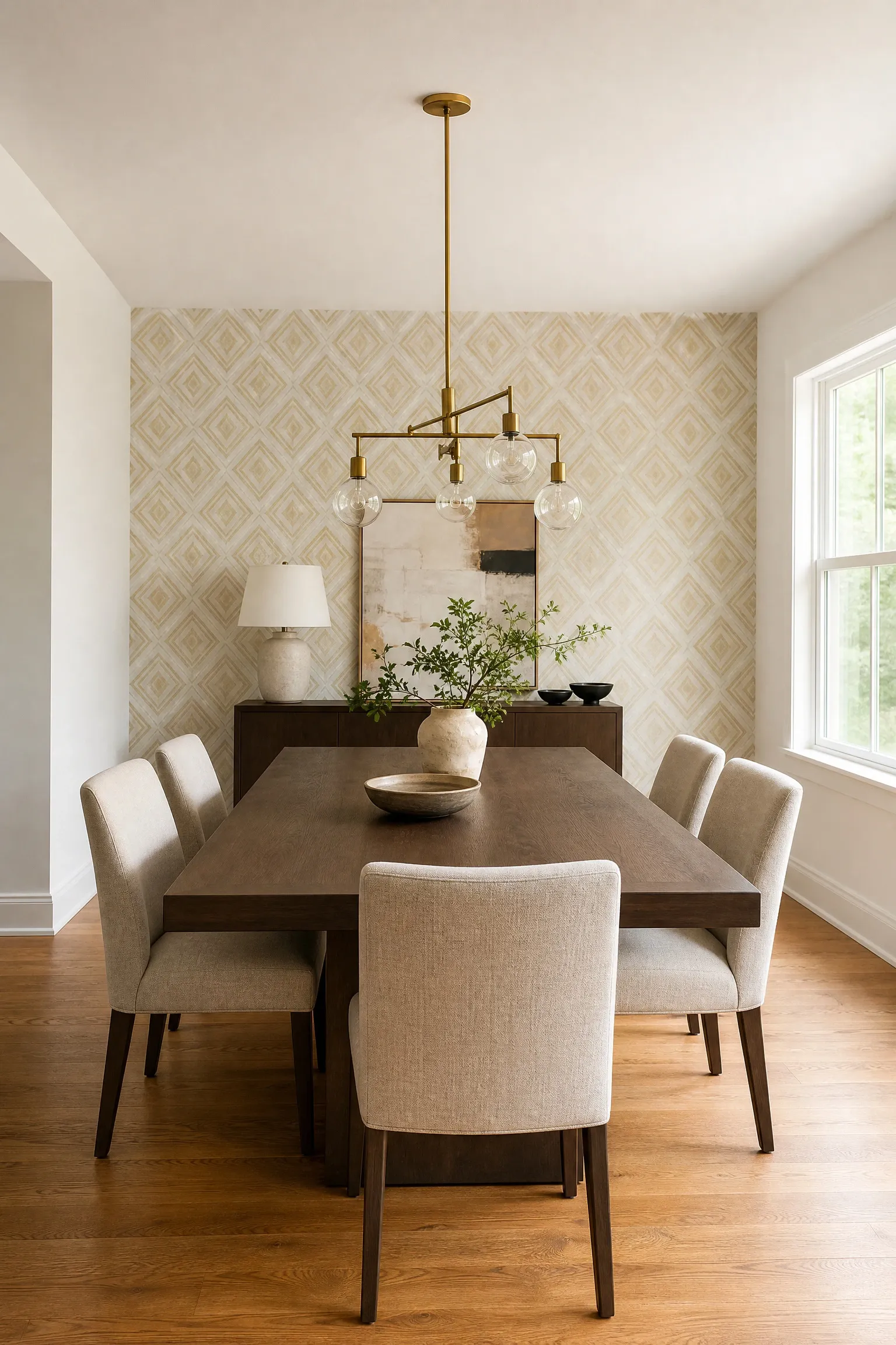 geometric wallpaper in warm neutrals in a dining room