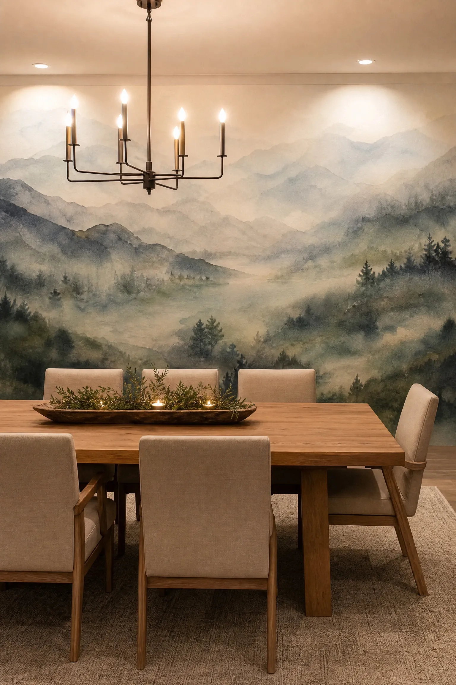 landscape mural in a dining room