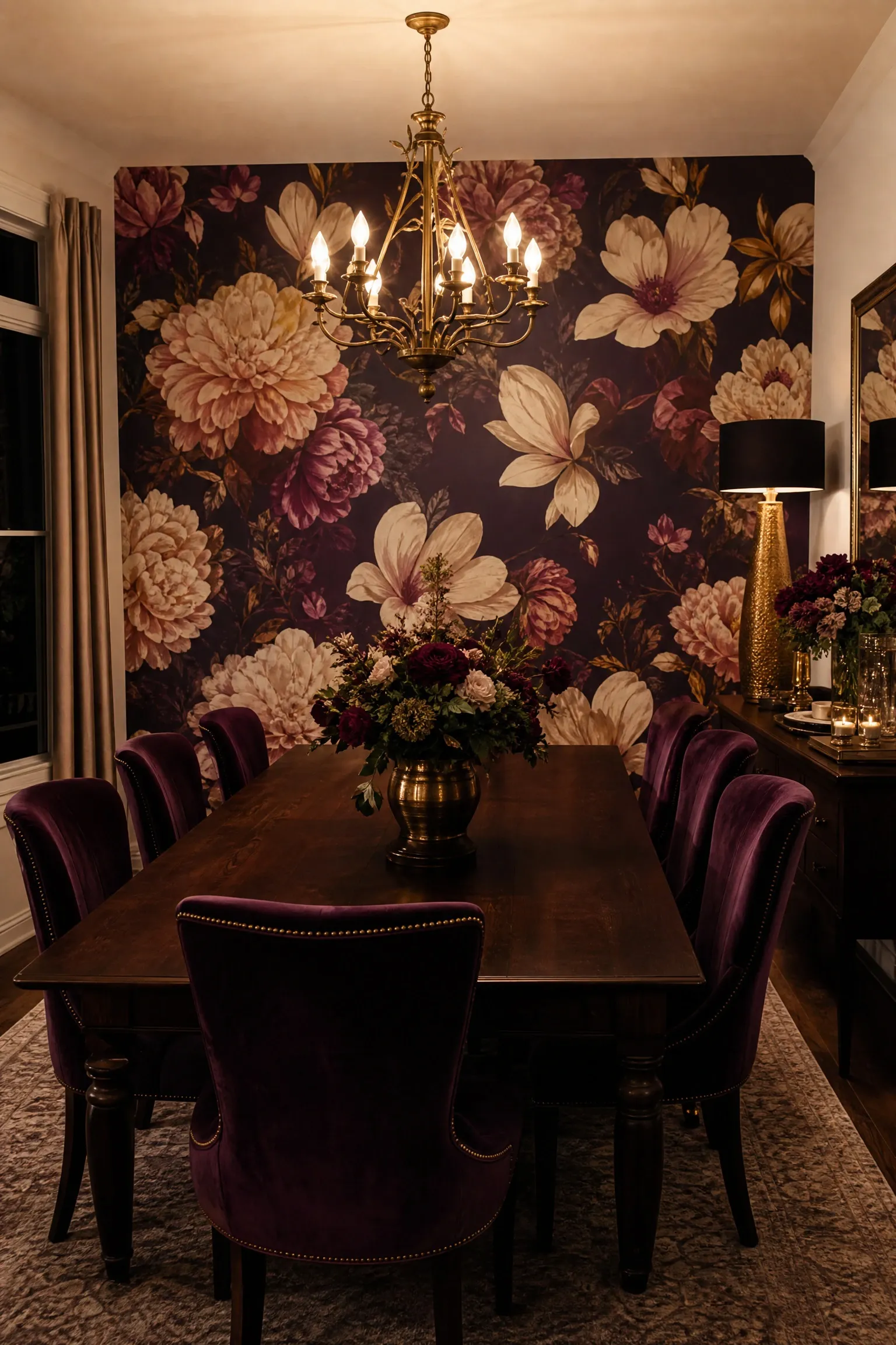 maximalist floral wallpaper in a dining room