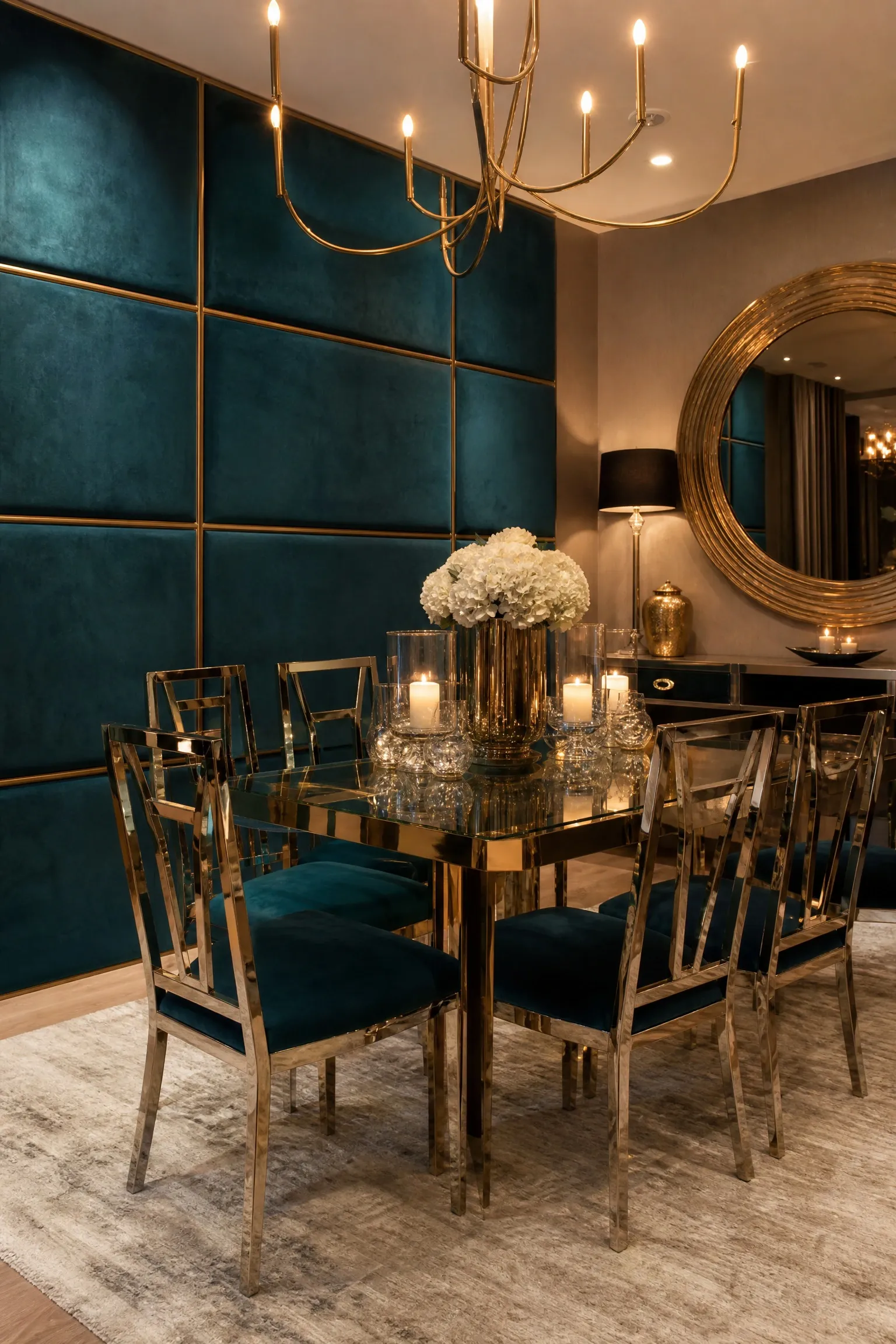upholstered fabric panel wall in a dining room