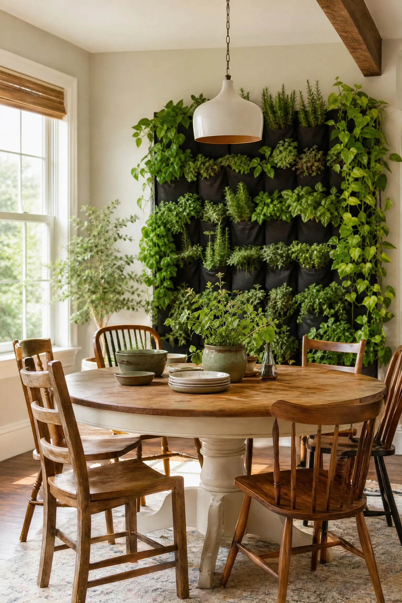 vertical herb and plant wall in a dining room