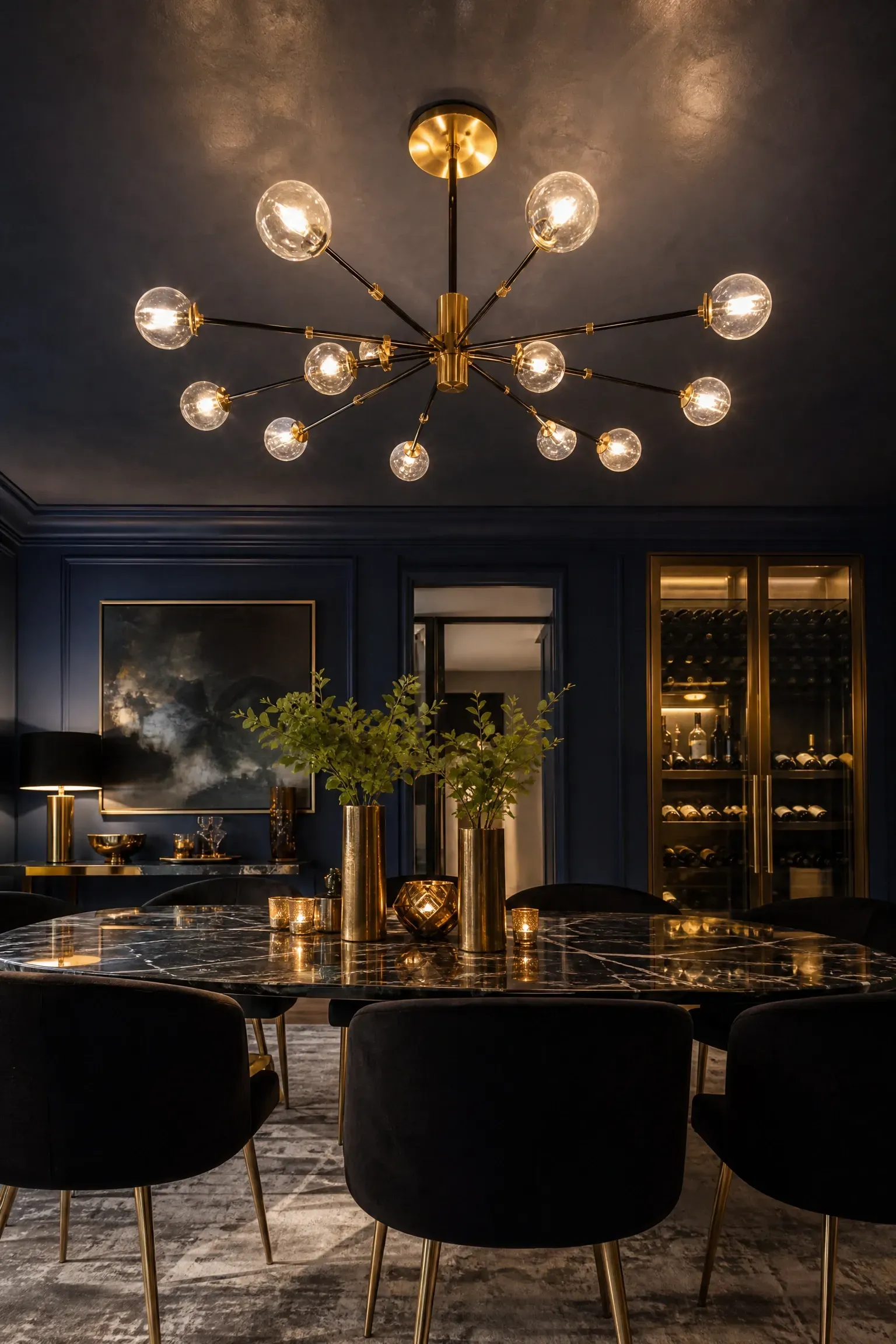 black and gold two-tone chandelier in a dining room