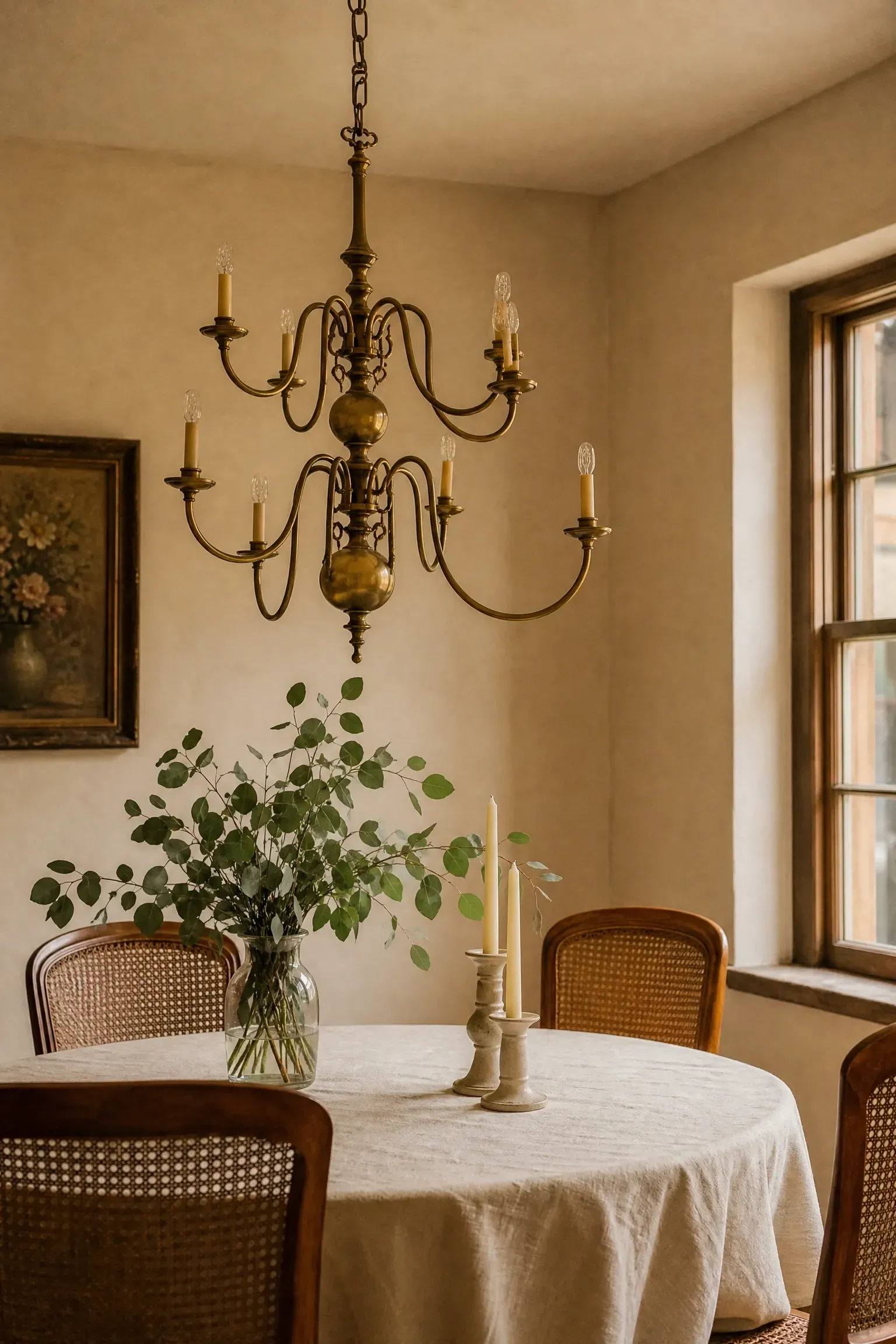 brass candelabra with layered arms in a dining room