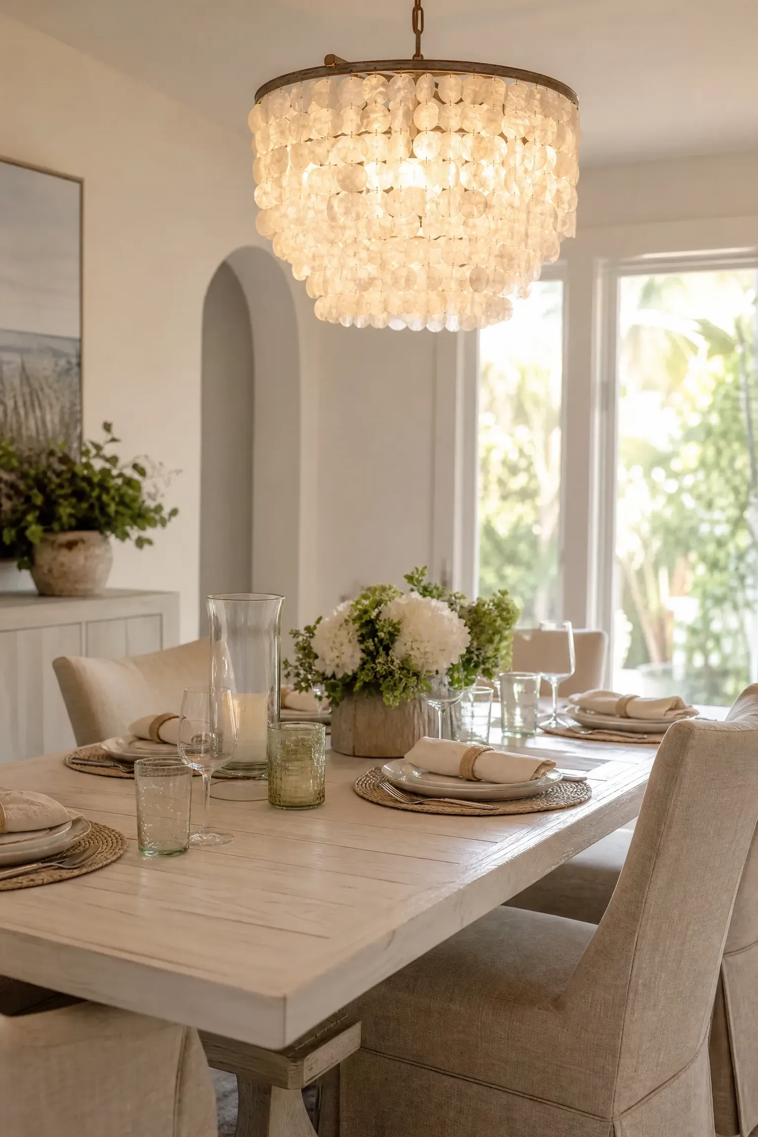 capiz shell chandelier for a coastal dining room
