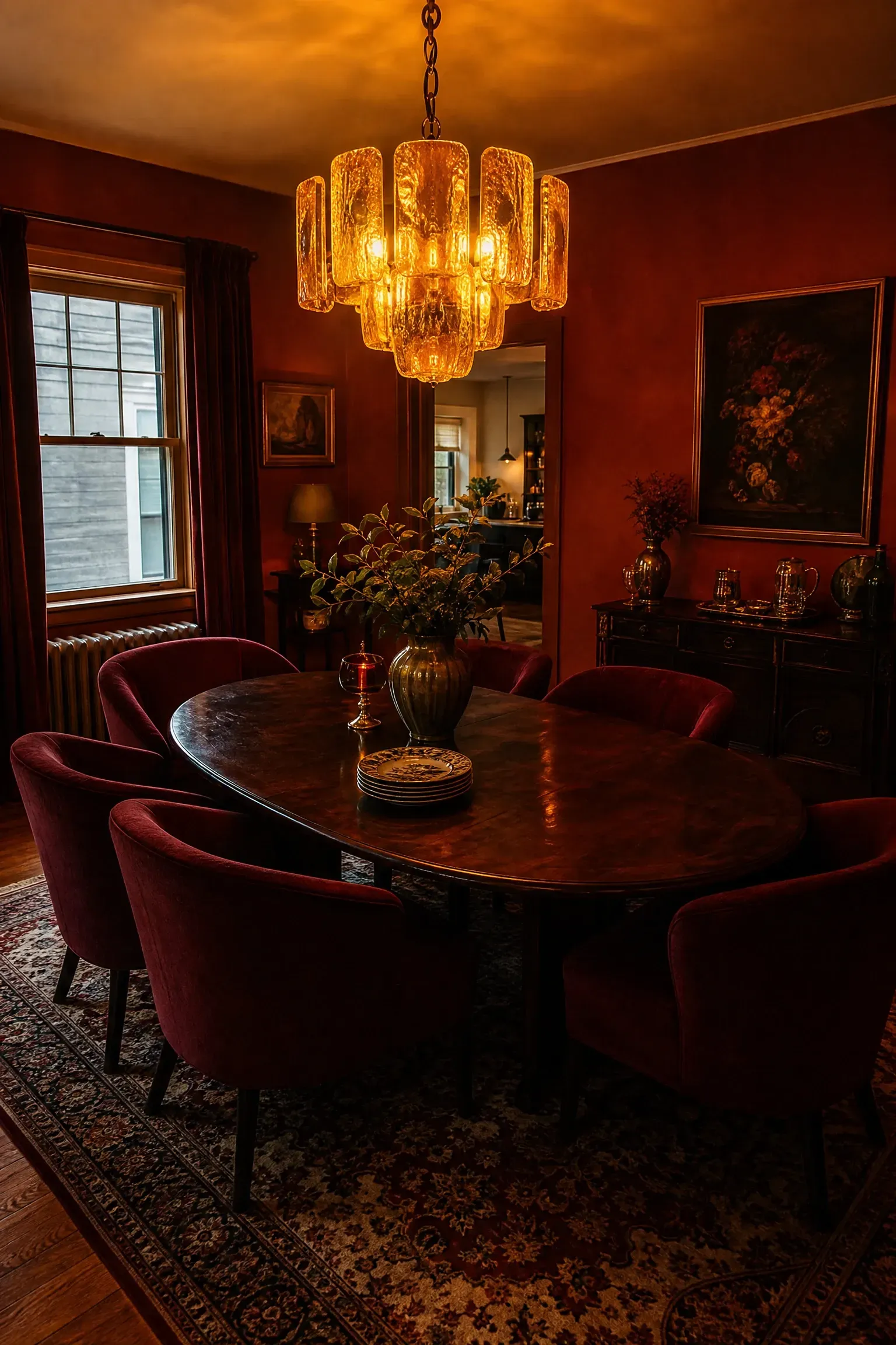 colored glass or stained glass chandelier in a dining room