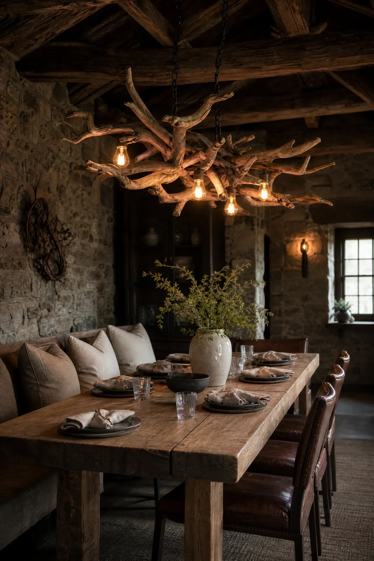 driftwood or raw wood sculptural chandelier in a dining room