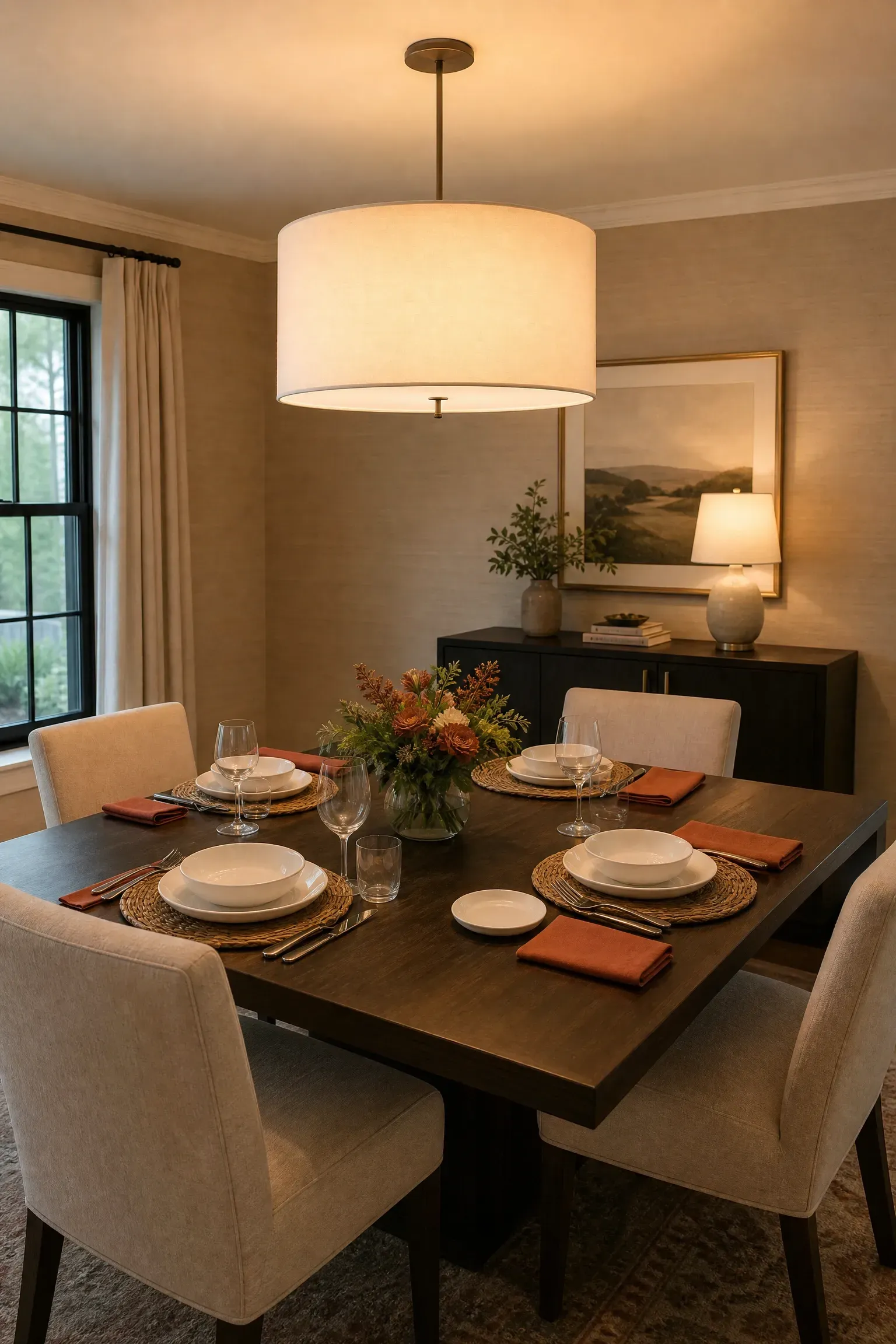 drum shade chandelier for soft, diffused light in a dining room