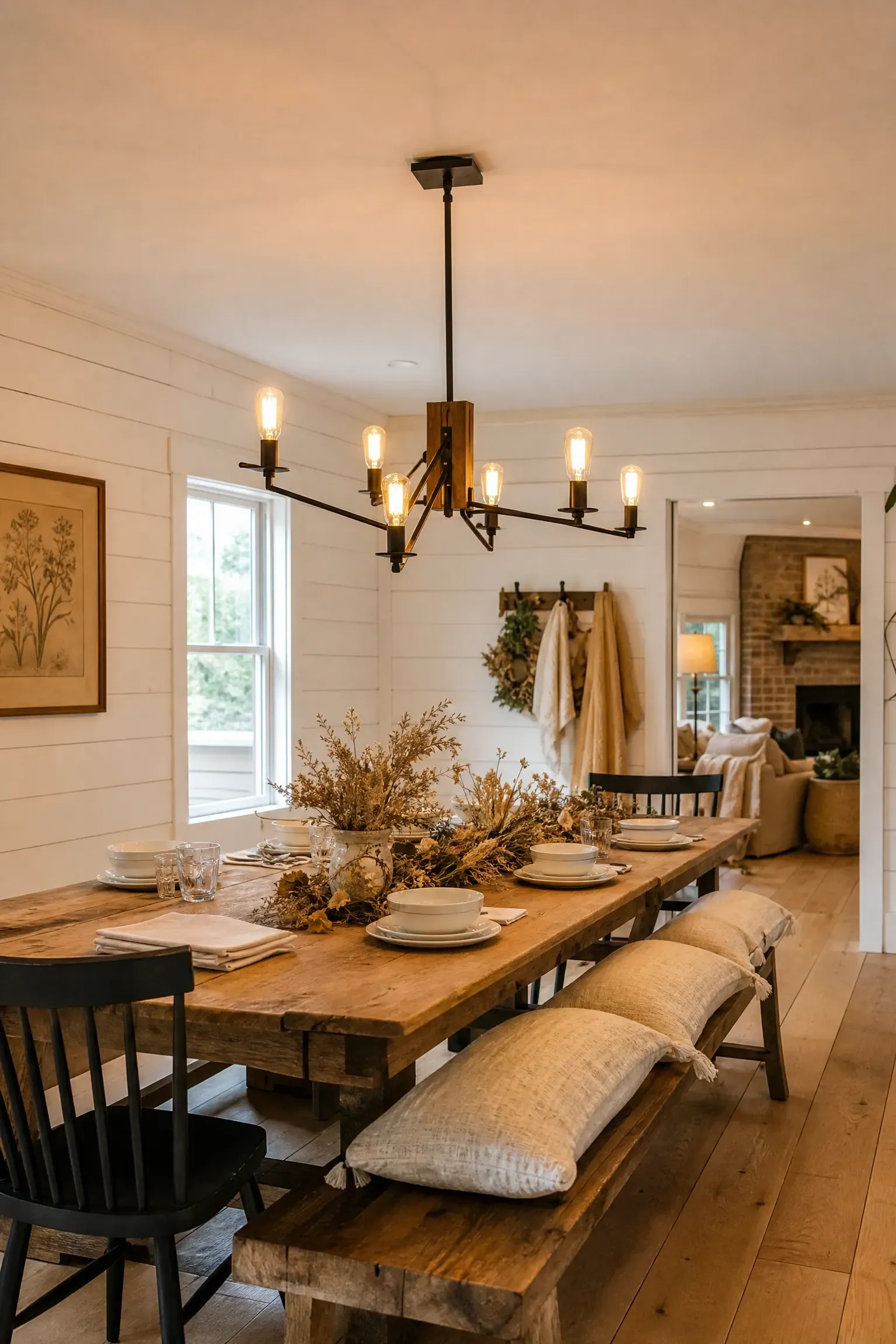 farmhouse chandelier with wood and metal details in a dining room