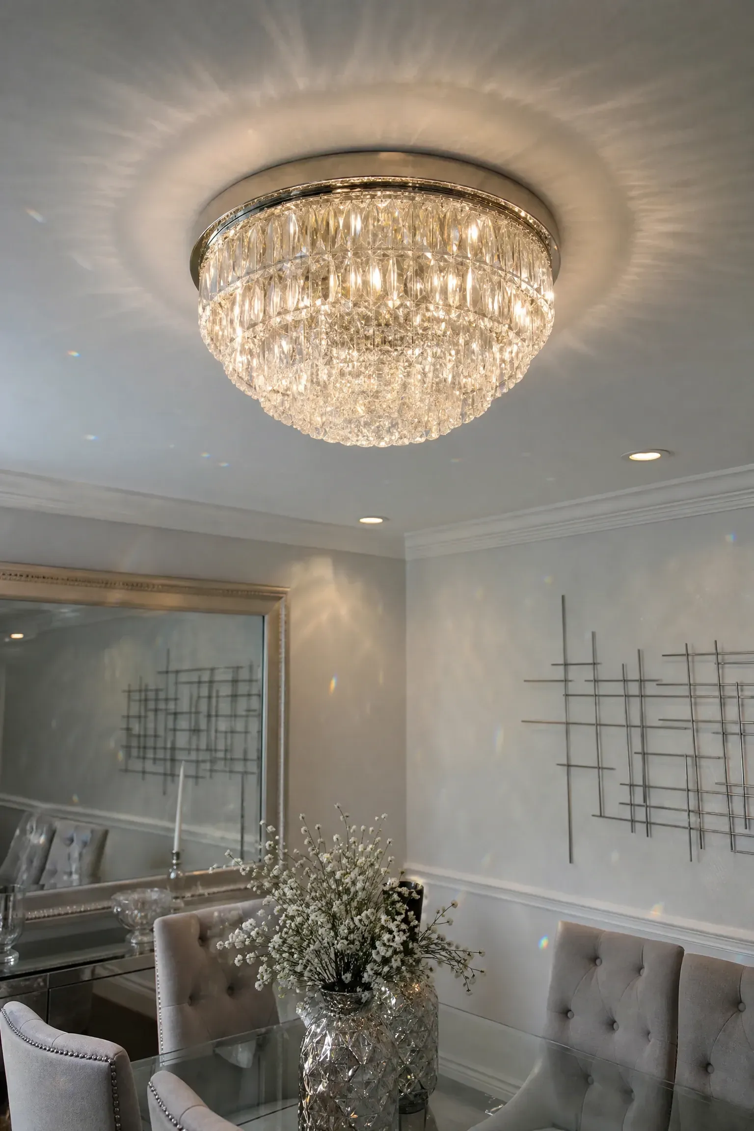 flush-mount chandelier for low ceilings in a dining room