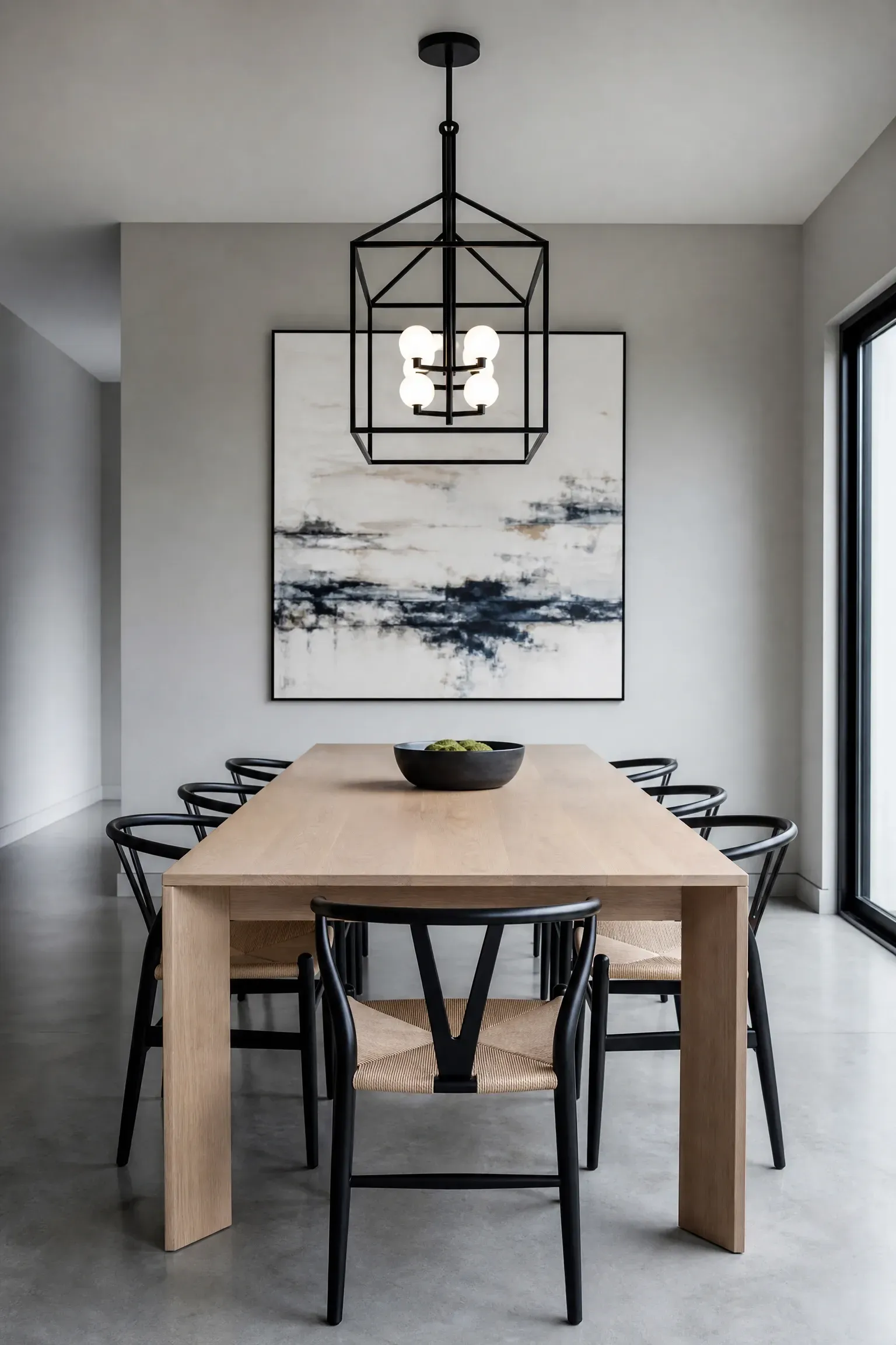 geometric black metal frame chandelier in a dining room