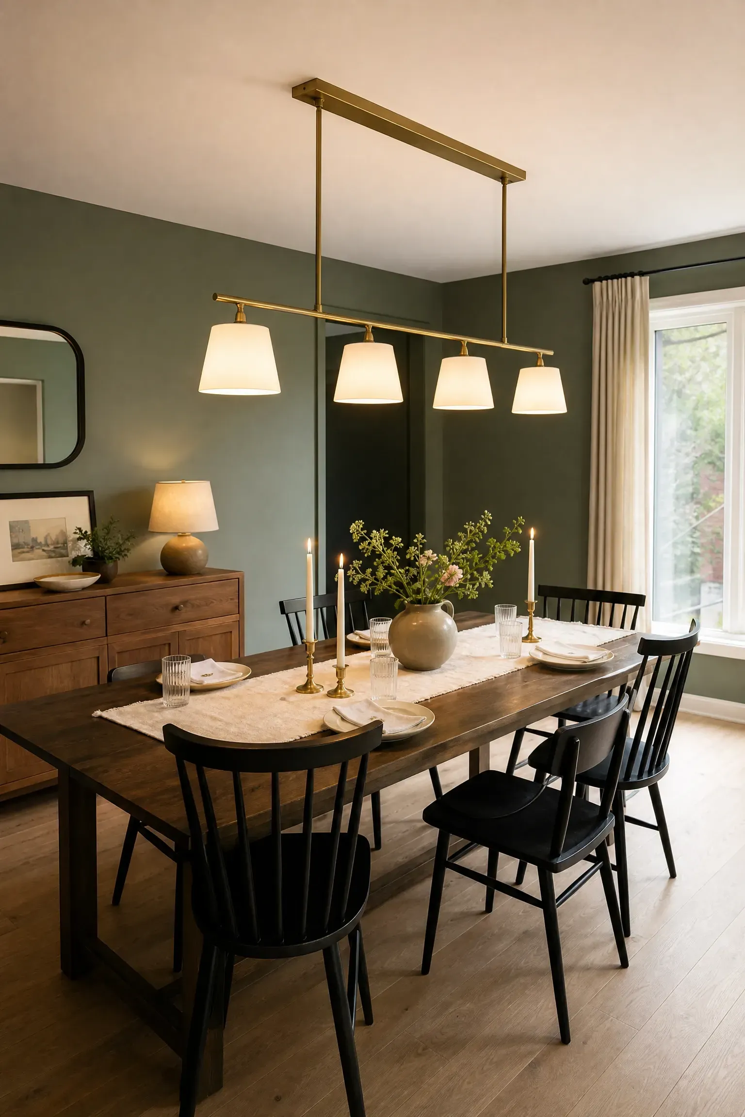 linear pendant chandelier over a long table in a dining room