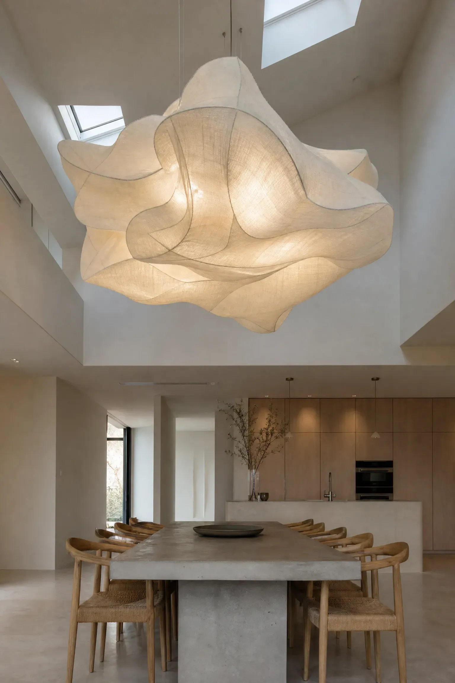oversized sculptural chandelier as room art in a dining room